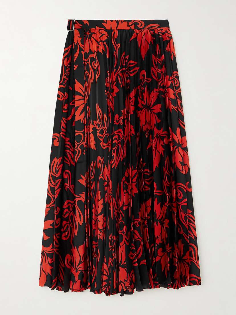 Sacai Pleated Floral-print Satin Midi Skirt