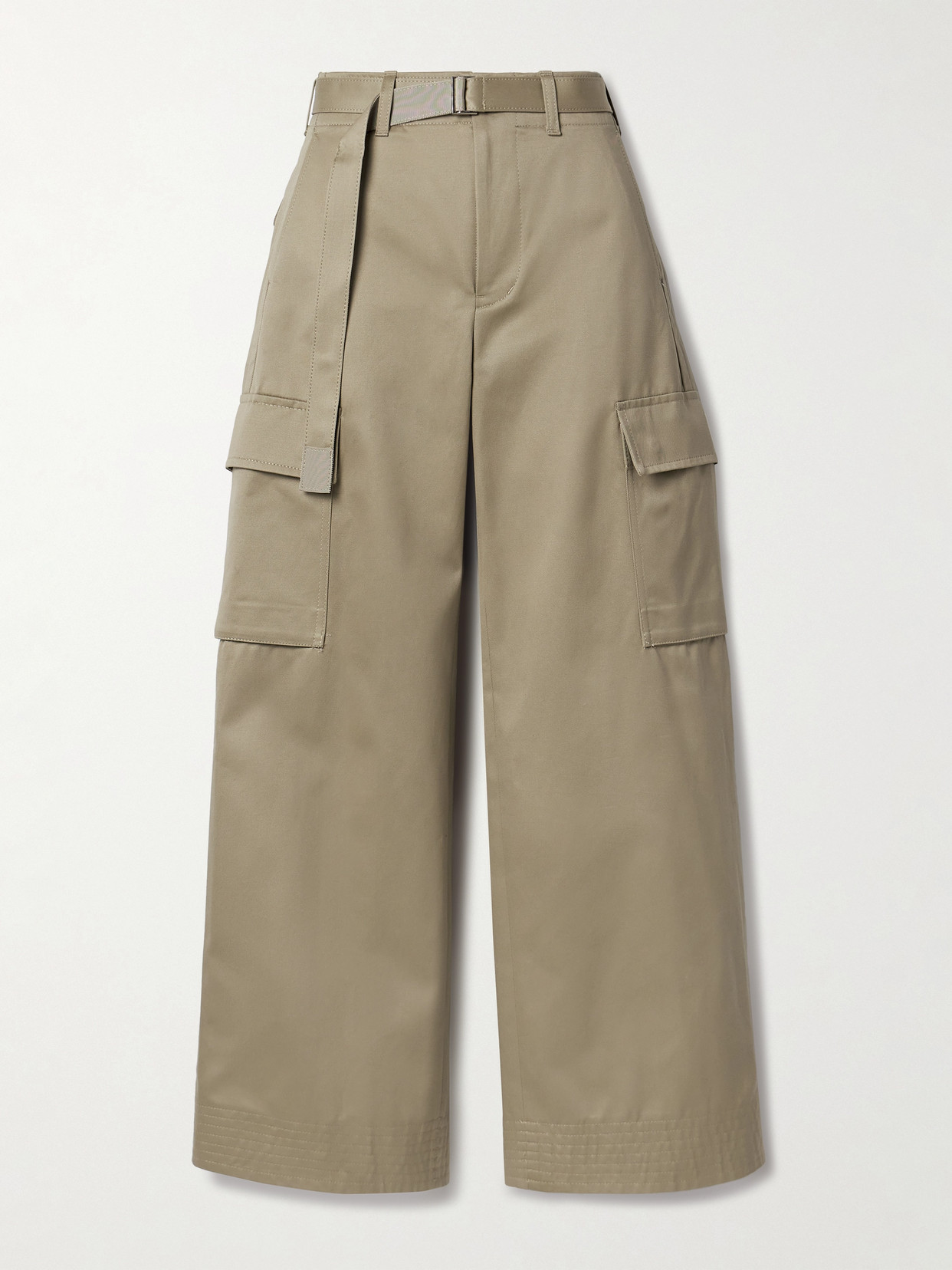 Sacai Belted Cotton-twill Wide-leg Cargo Pants In Neutrals