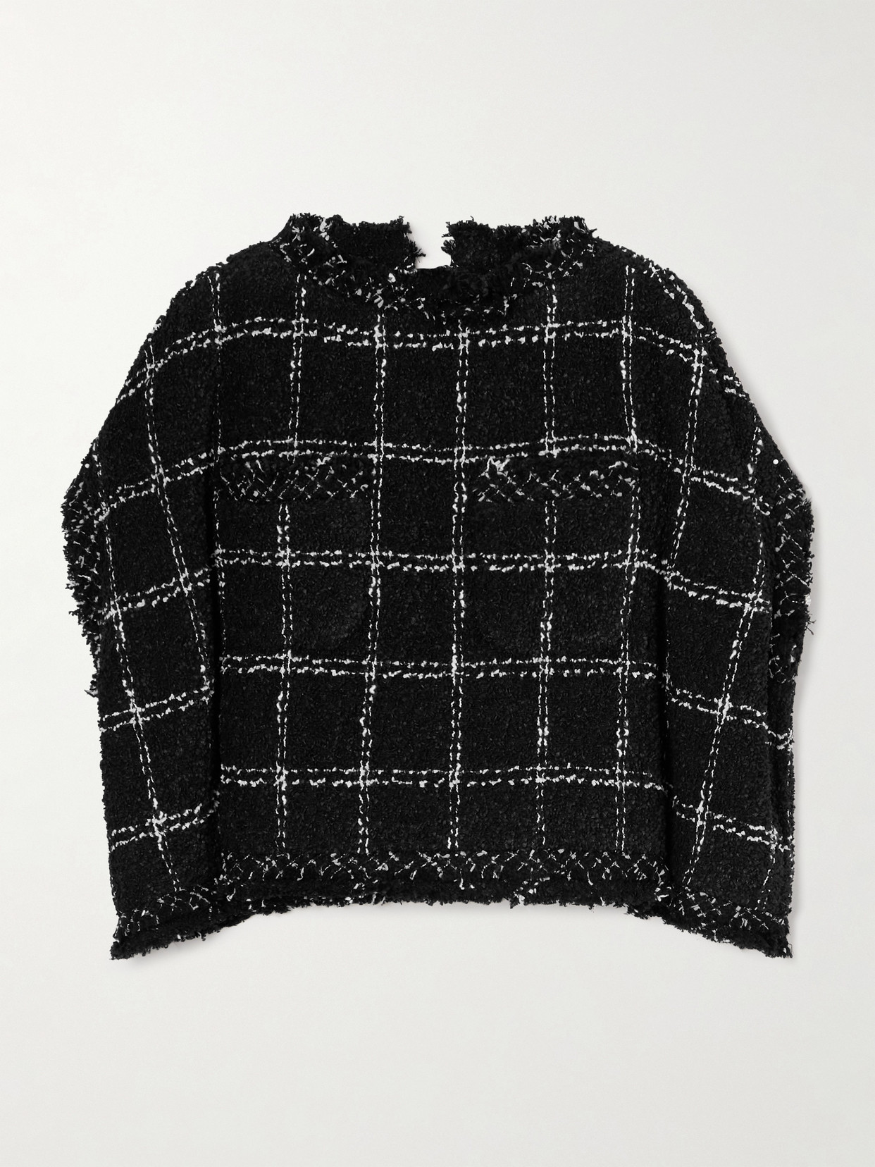 Sacai Frayed Checked Tweed Sweater In Black