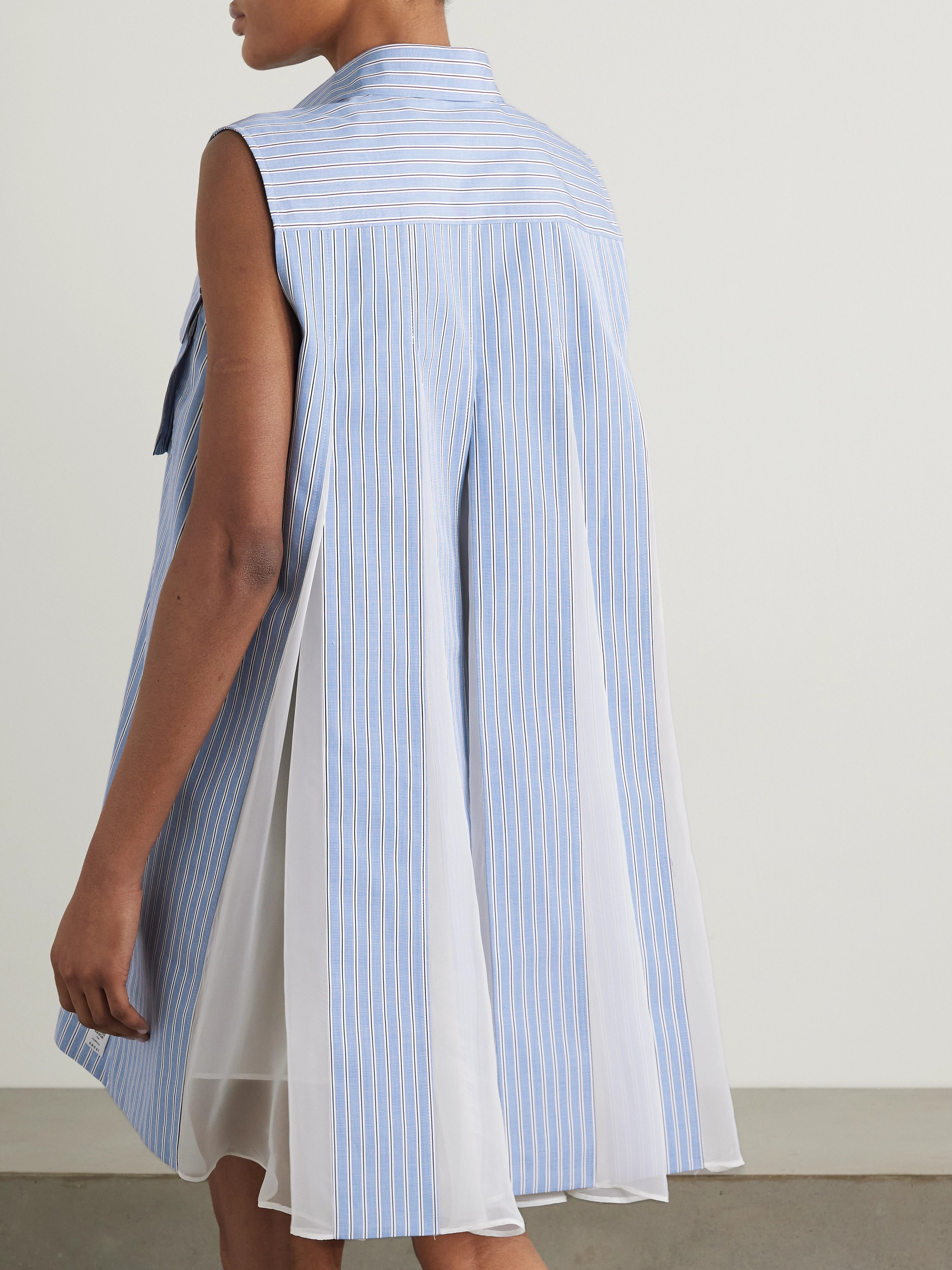 Sacai Chiffon-trimmed pleated striped cotton-poplin mini shirt dress