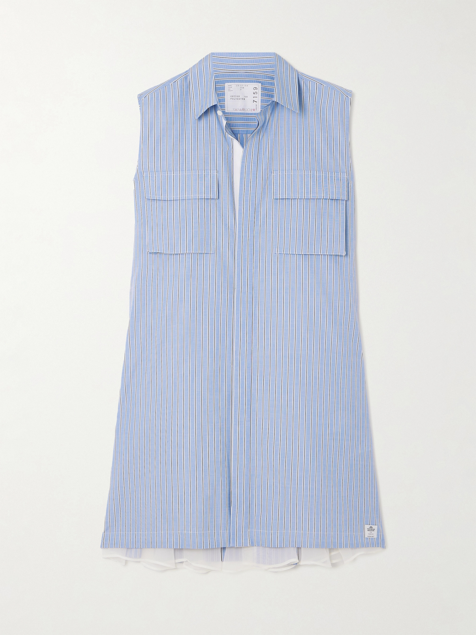 Sacai Chiffon-trimmed pleated striped cotton-poplin mini shirt dress