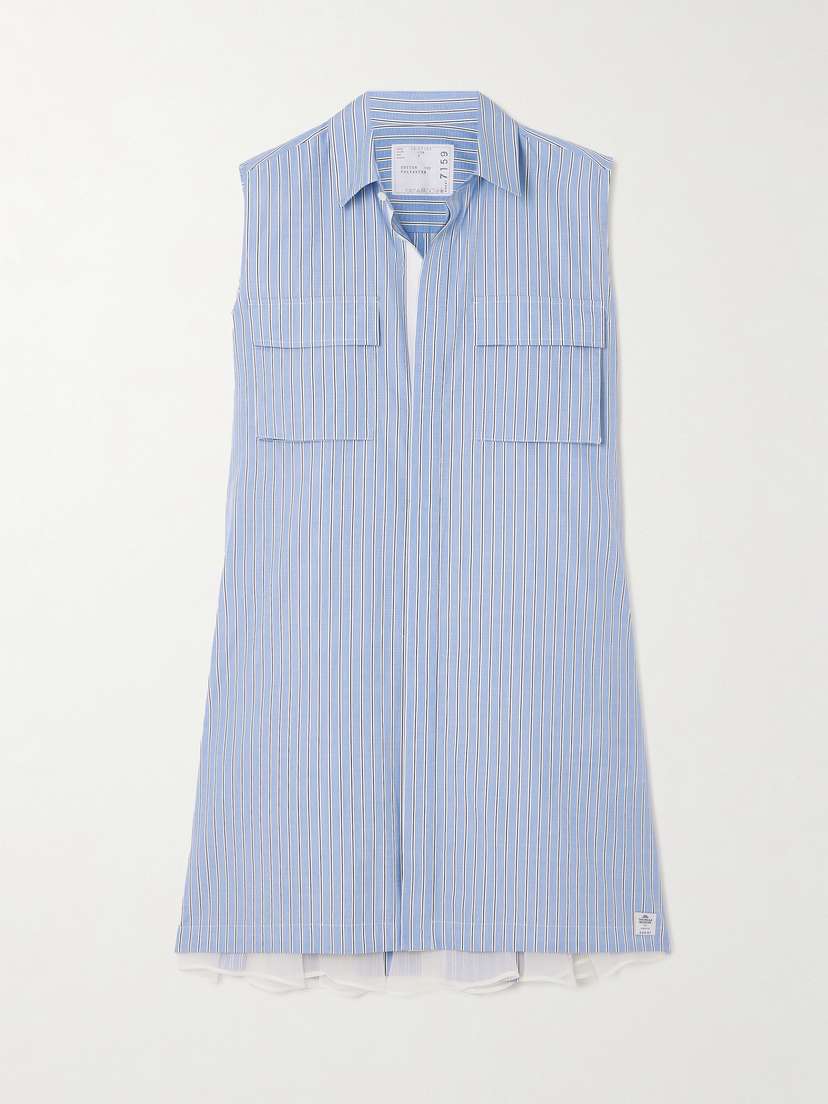 Sacai Chiffon-trimmed Pleated Striped Cotton-poplin Mini Shirt Dress