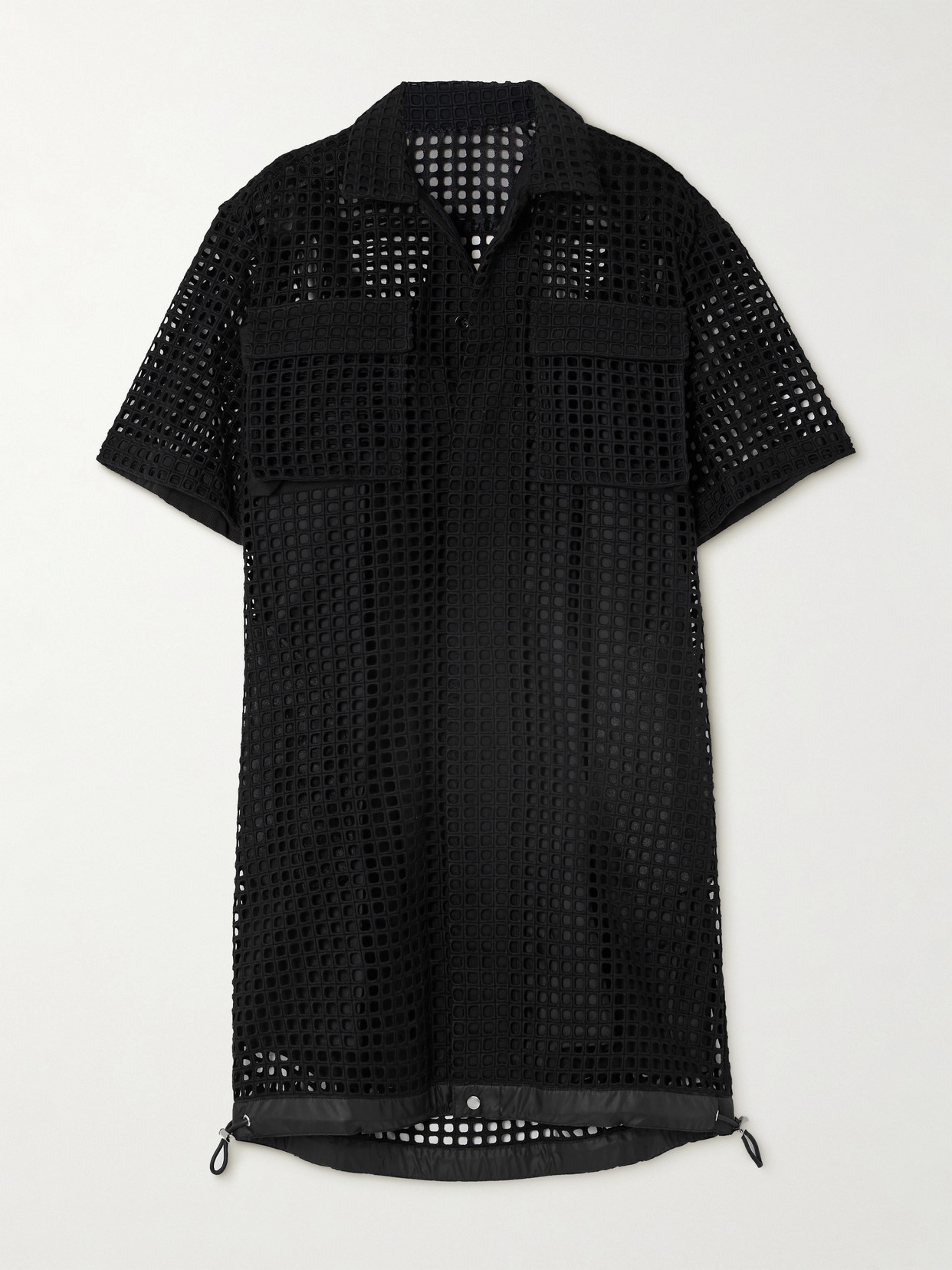 Sacai Drawstring Broderie Anglaise Cotton Mini Shirt Dress In Black