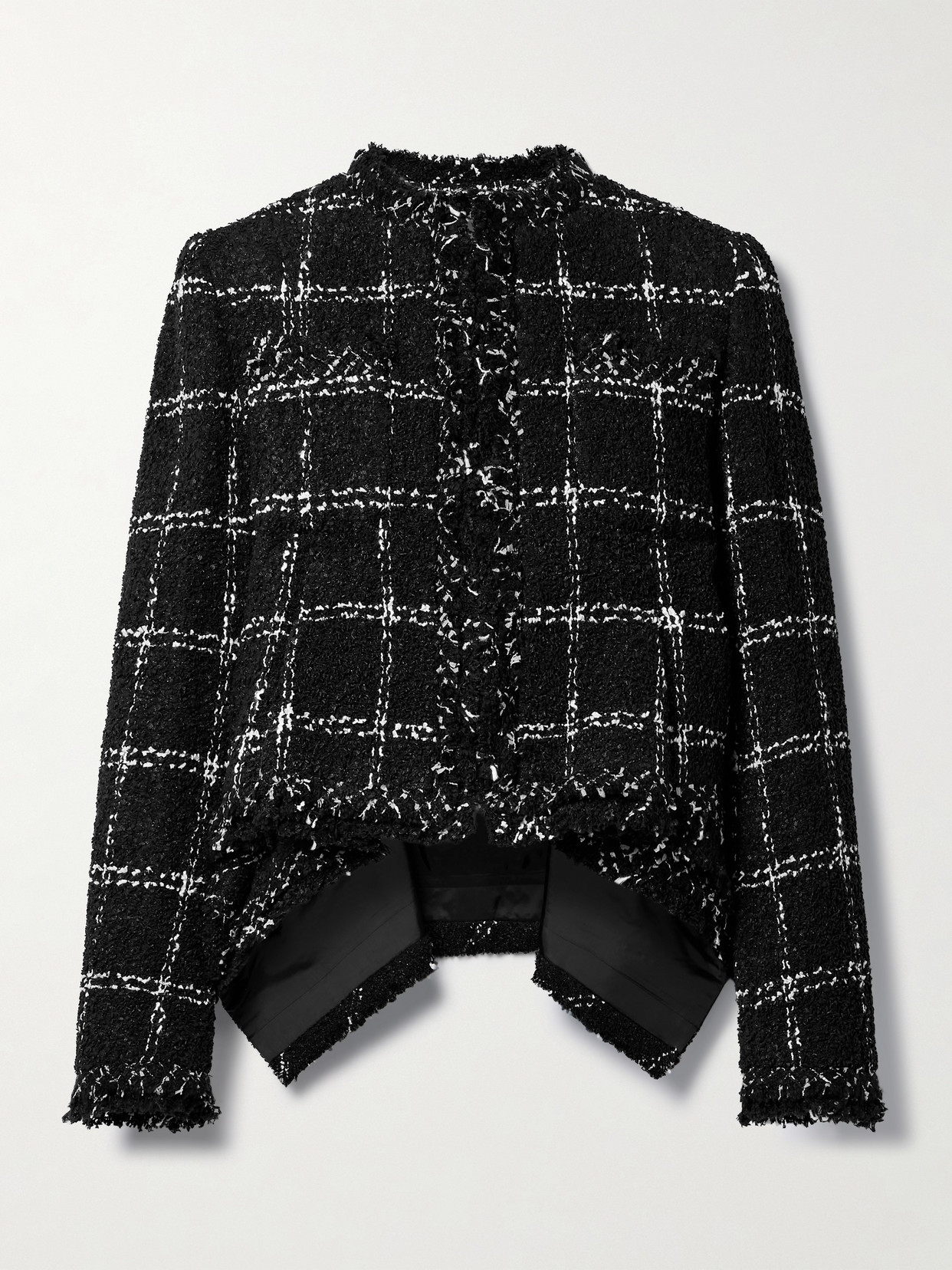 Shop Sacai Asymmetric Frayed Checked Tweed Jacket In Black