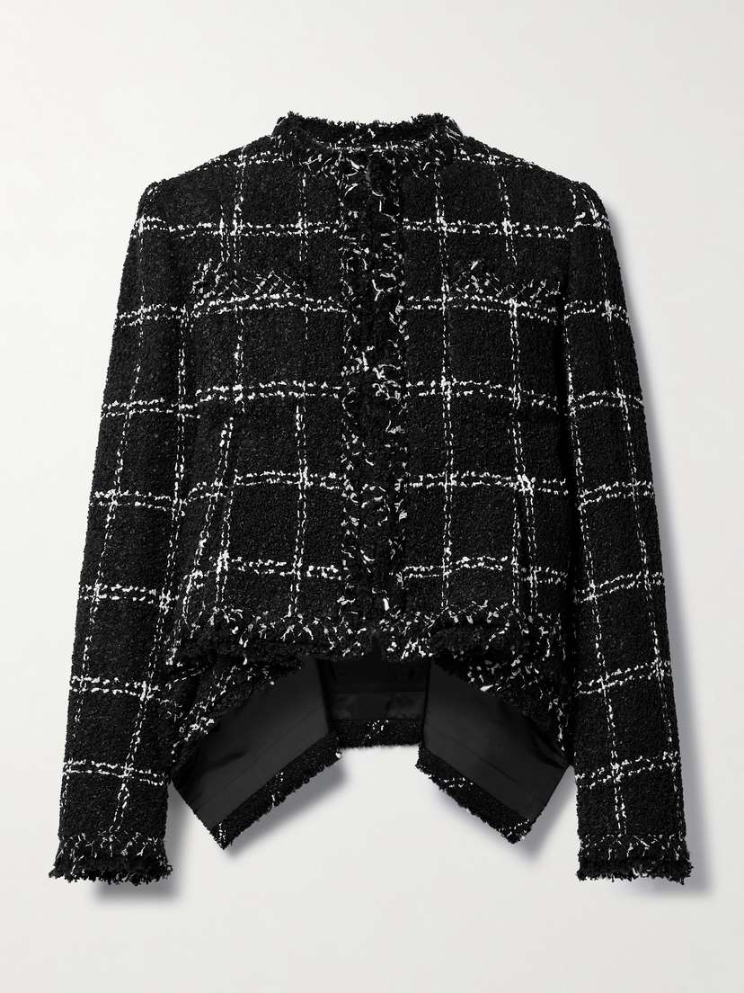Sacai Asymmetric Frayed Checked Tweed Jacket