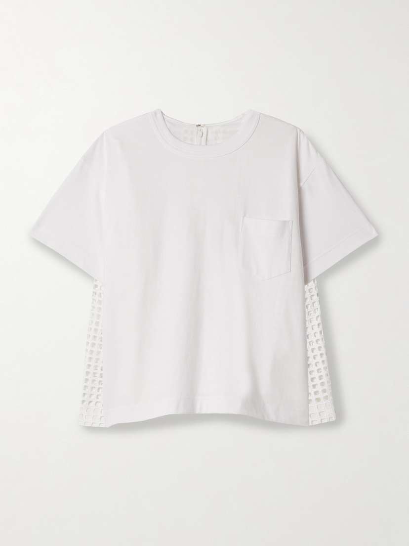 Sacai Paneled Cotton-jersey And Broderie Anglaise T-shirt