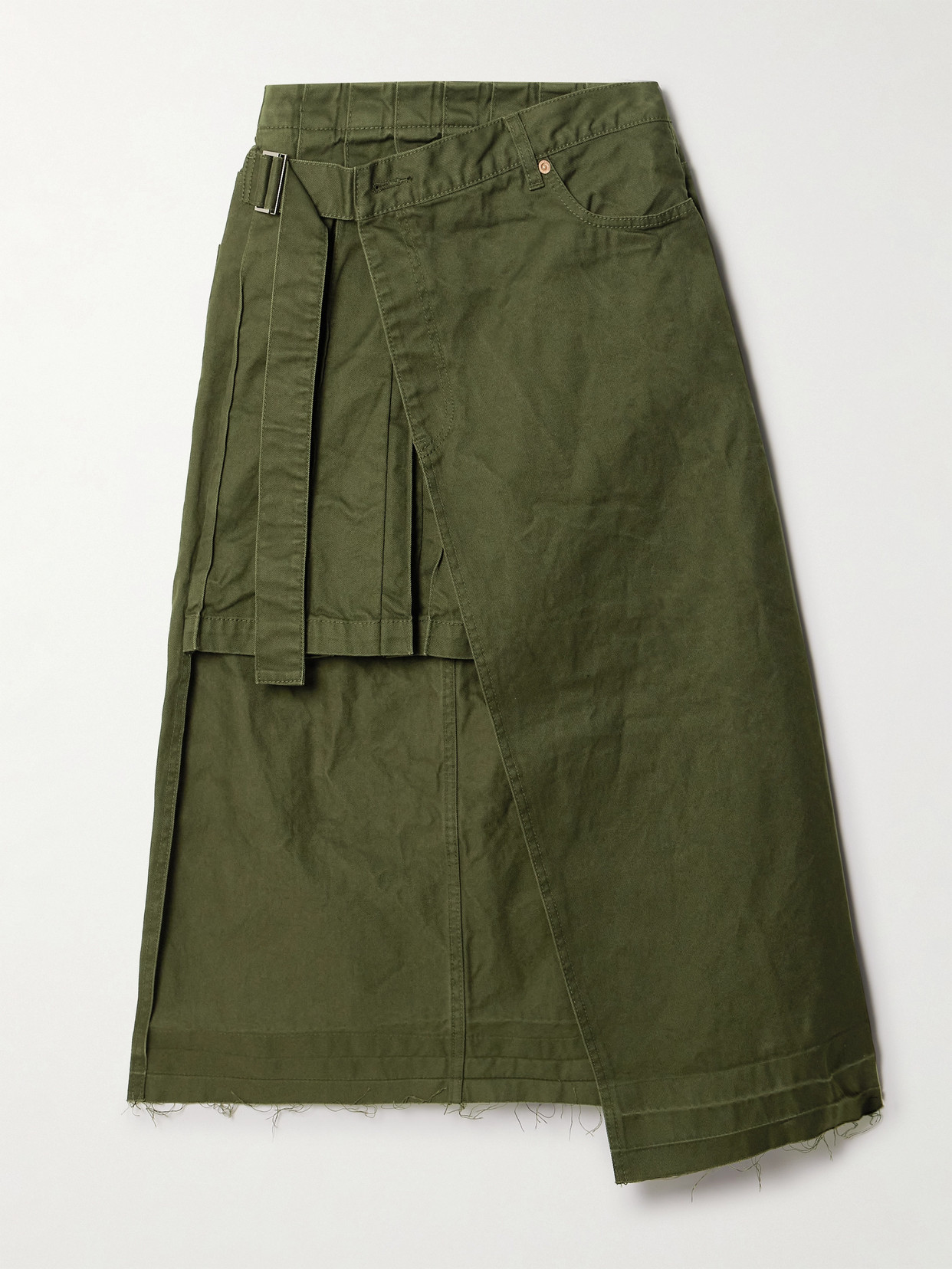 Sacai Asymmetric Pleated Denim Wrap Skirt In Green