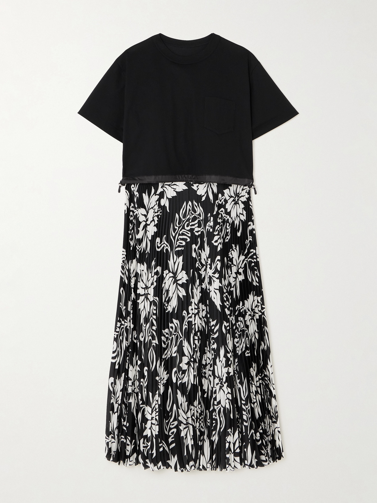 Shop Sacai Cotton-jersey And Pleated Floral-print Satin Midi Dress In Black