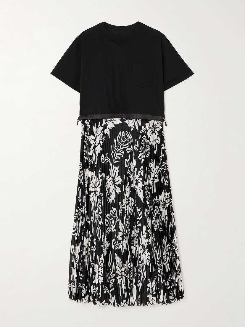 Sacai Cotton-jersey And Pleated Floral-print Satin Midi Dress