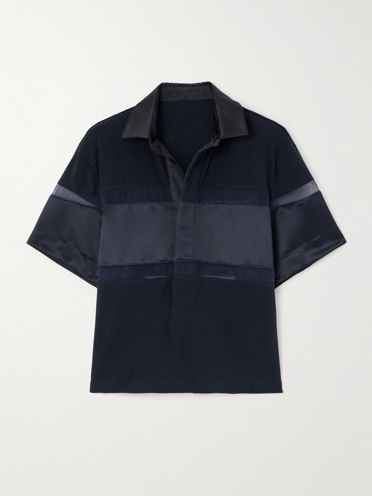 Sacai Mesh- And Satin-trimmed Cotton-jersey Shirt In Blue