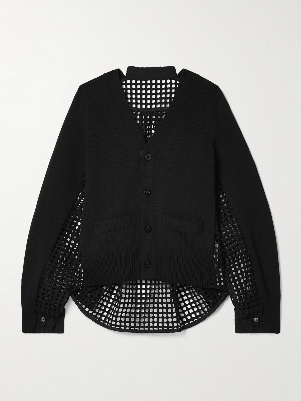 Sacai Paneled Broderie Anglaise And Cotton Cardigan In Black