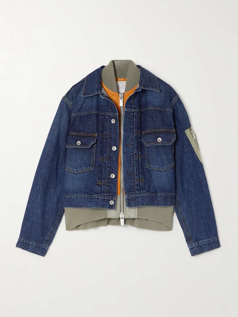 Sacai Layered Ribbed-knit And Satin-trimmed Denim Jacket