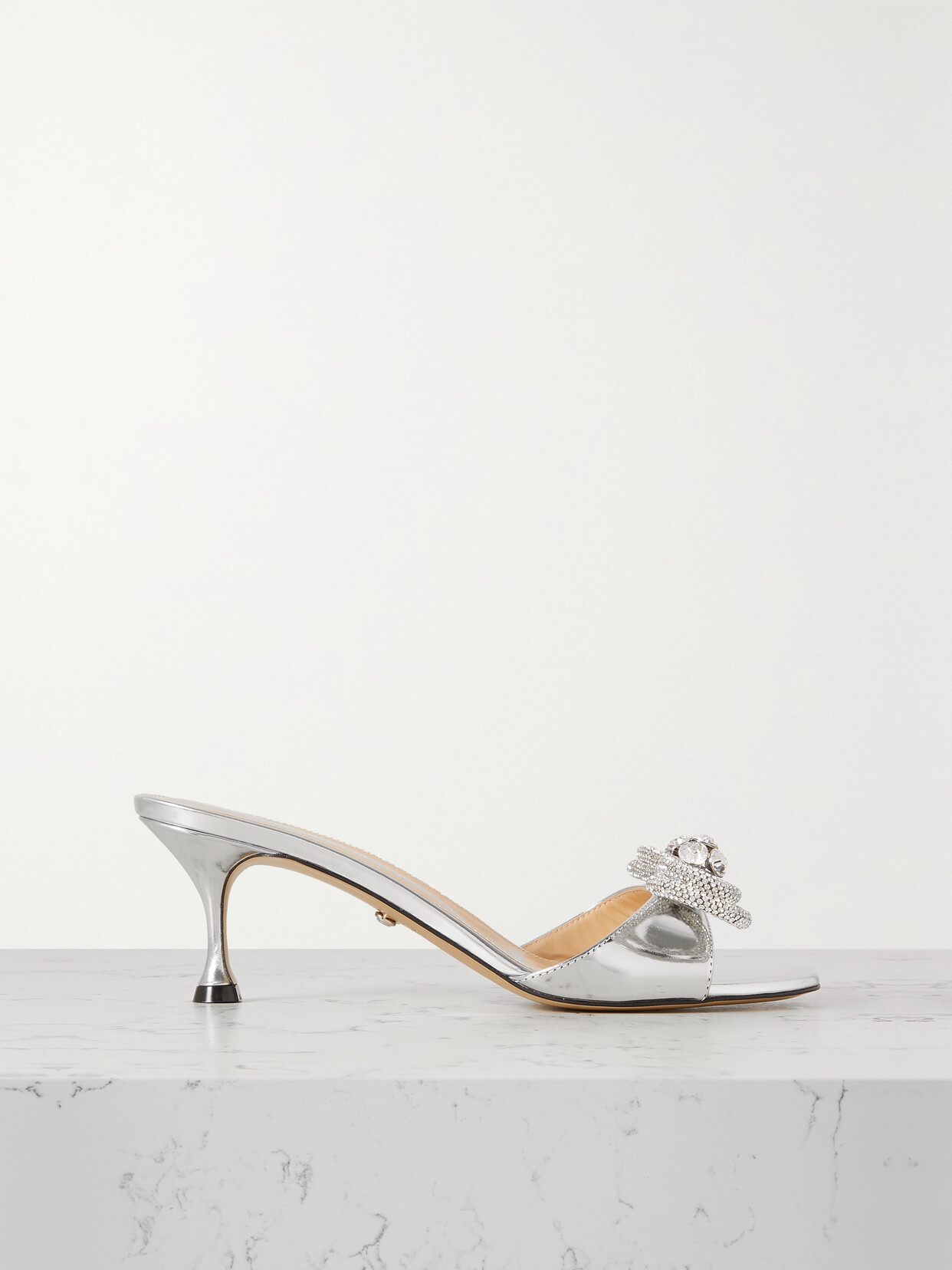 Mach & Mach Double Bow Crystal-embellished Mirrored-leather Mules In Silver