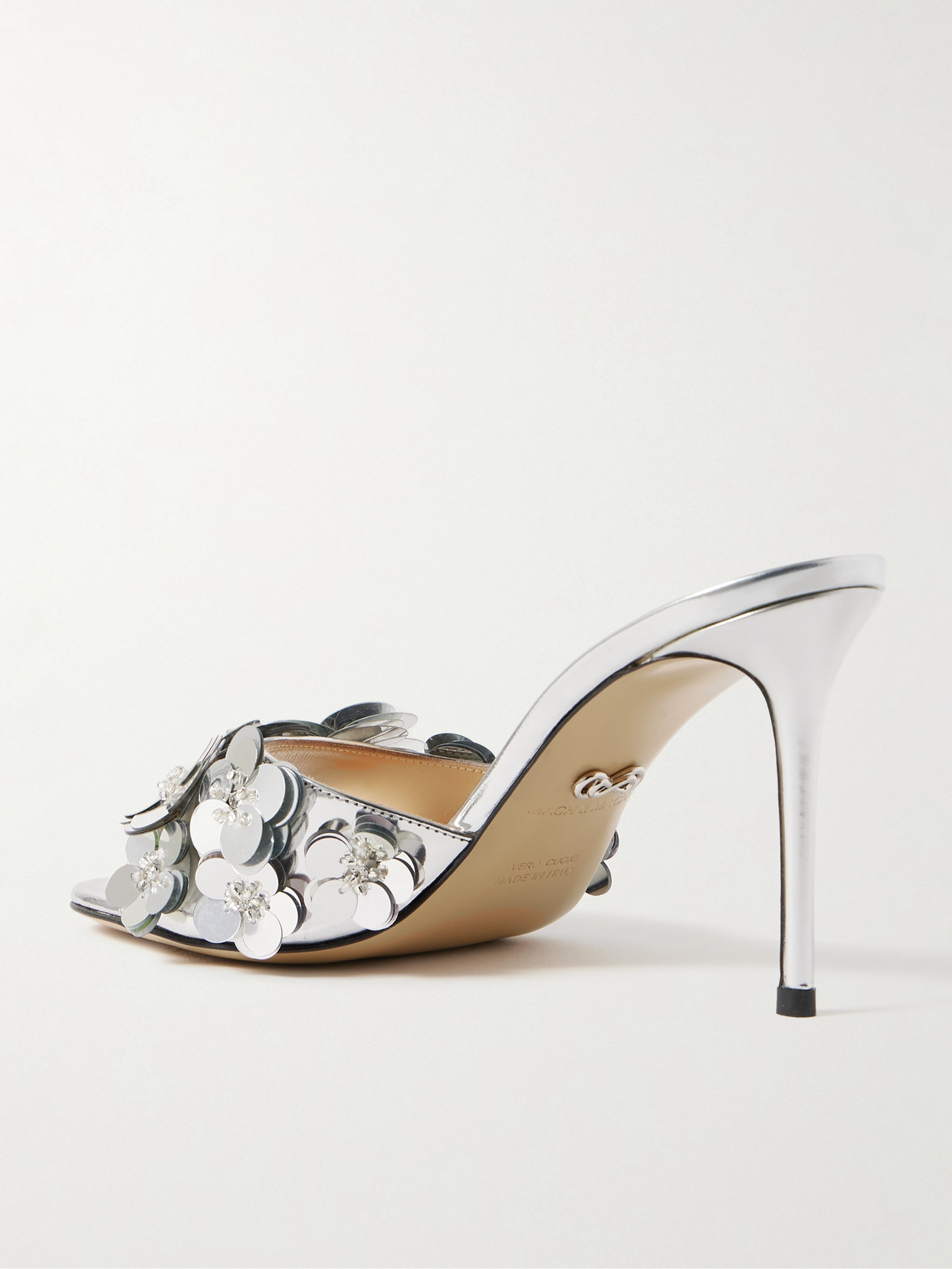 Shop Mach & Mach Embellished Mirrored-leather Mules In Silver