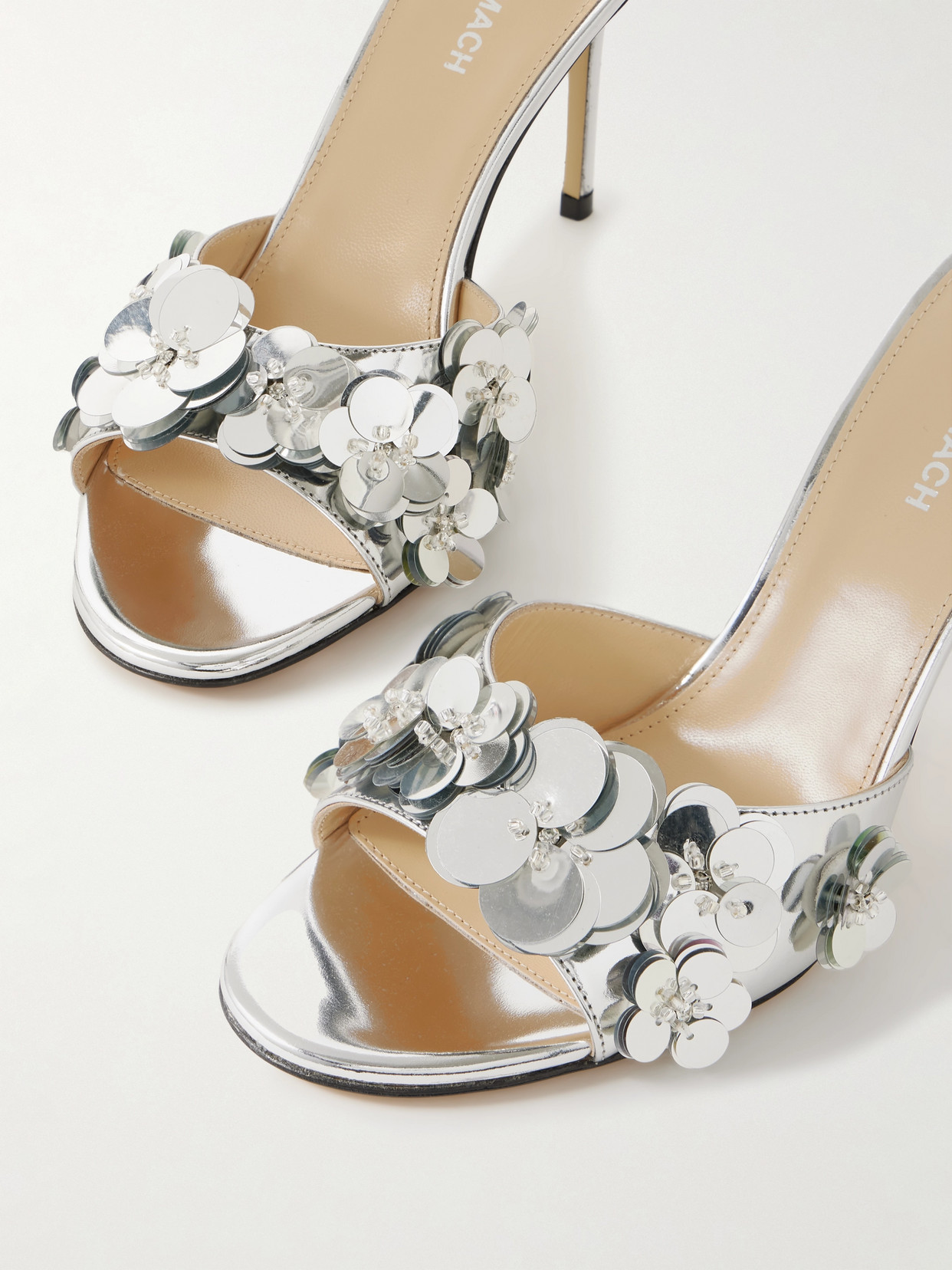 Shop Mach & Mach Embellished Mirrored-leather Mules In Silver