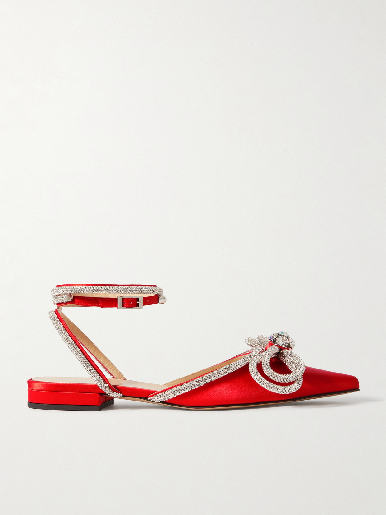 Mach & Mach Double Bow Crystal-embellished Satin Point-toe Flats In Red