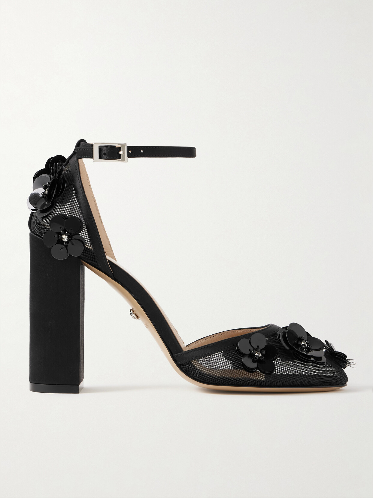 Shop Mach & Mach Satin-trimmed Embellished Mesh Pumps In Black