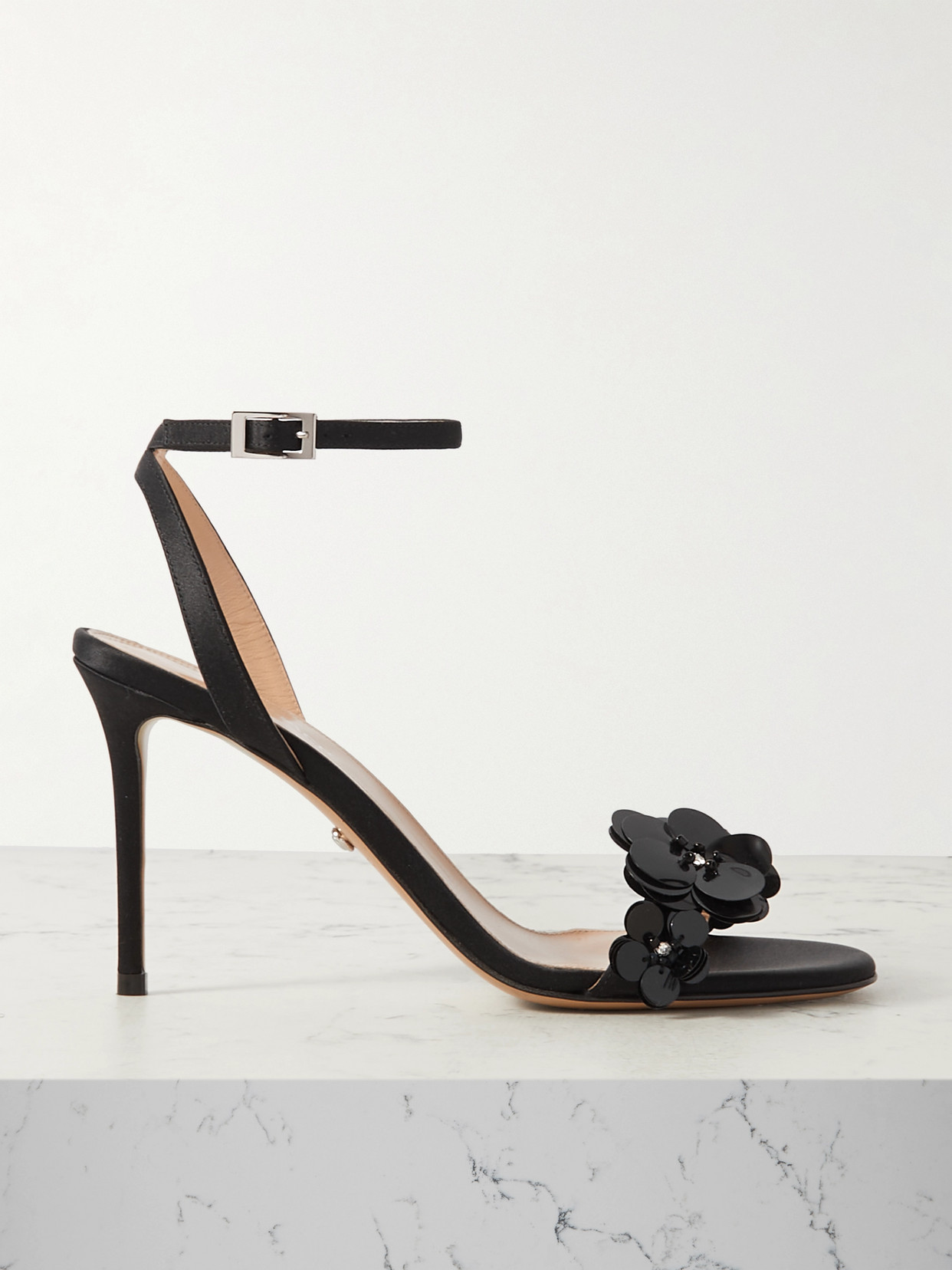 Shop Mach & Mach Appliquéd Satin Sandals In Black