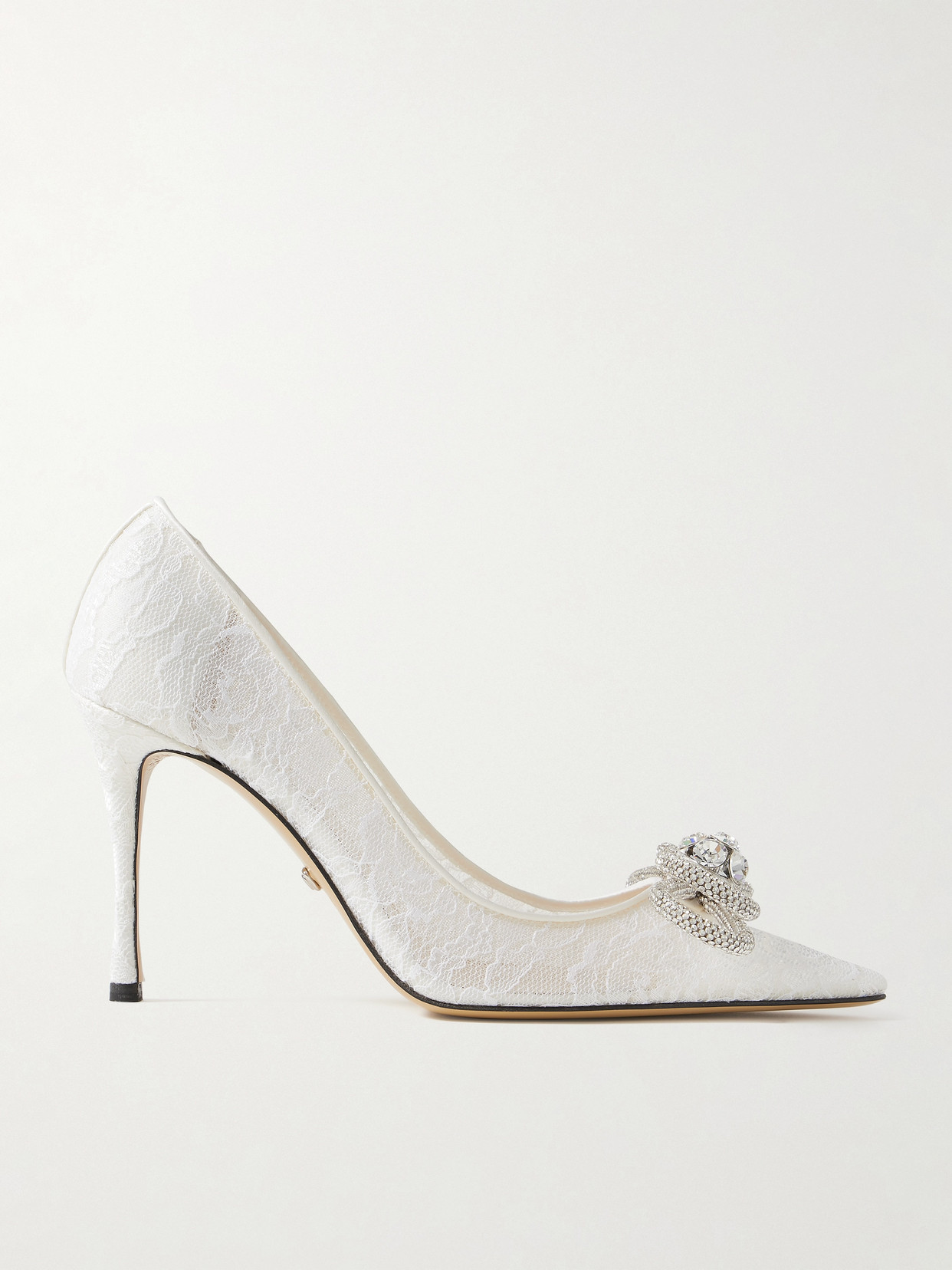 Shop Mach & Mach Double Bow Crystal-embellished Lace Pumps In White