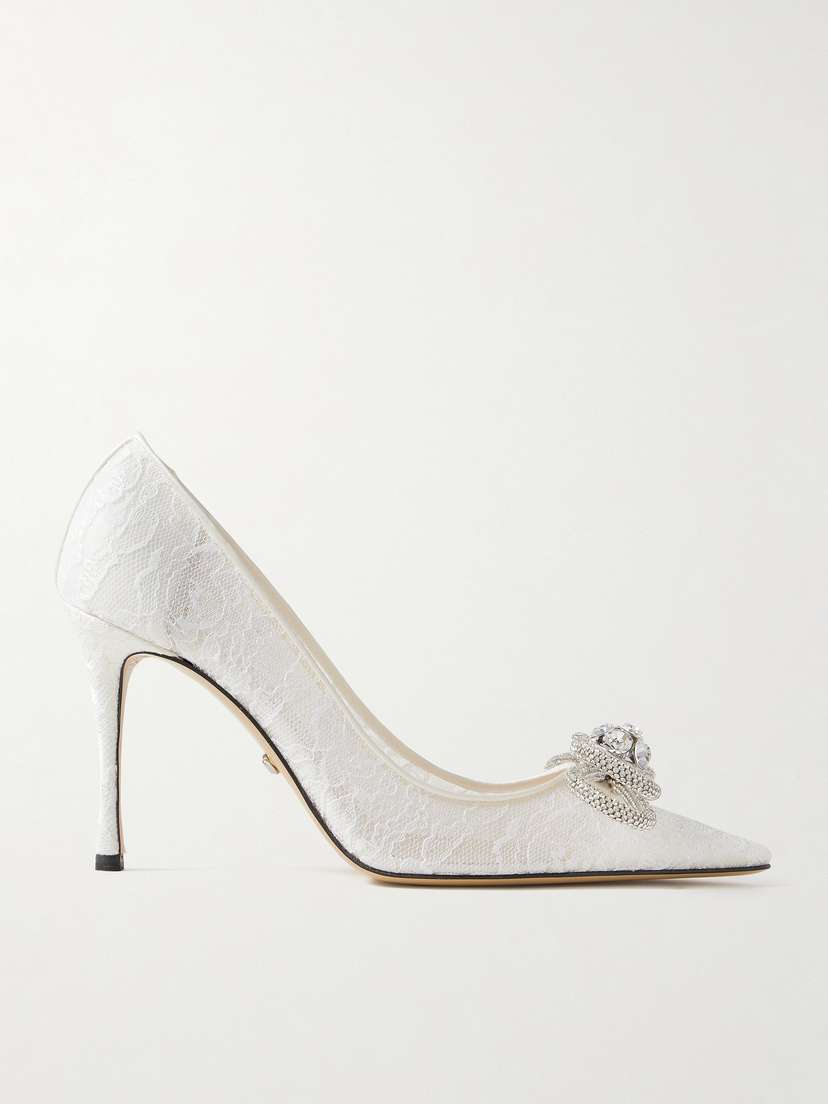 Mach & Mach Double Bow Crystal-embellished Lace Pumps