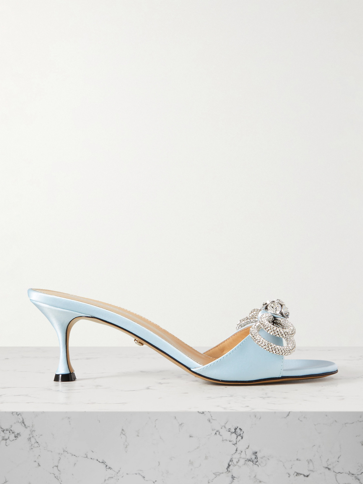 Mach & Mach Double Bow Crystal-embellished Satin Mules In Blue