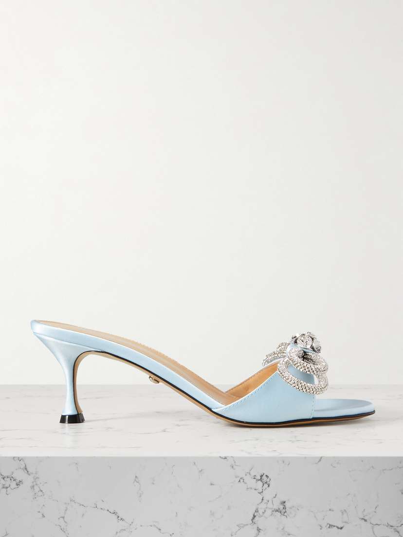 Mach & Mach Double Bow Crystal-embellished Satin Mules