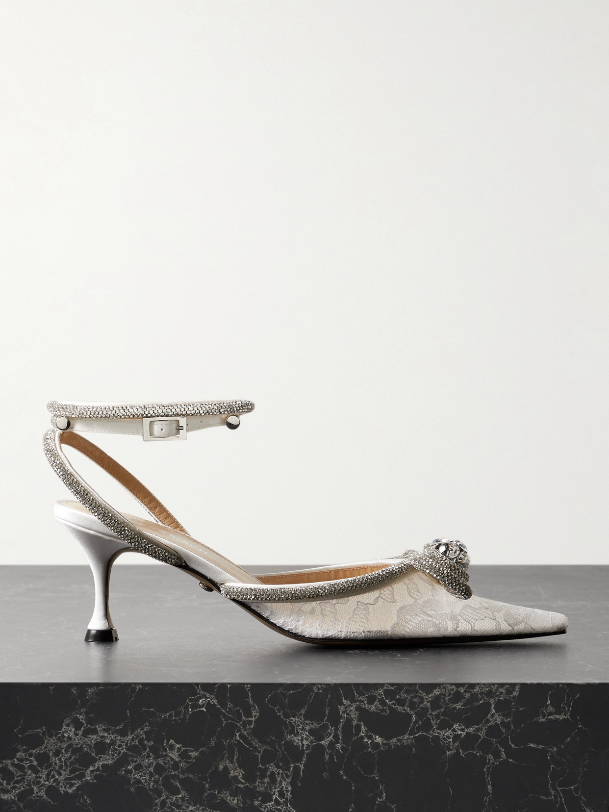 Shop Mach & Mach Double Bow Crystal-embellished Lace And Silk-satin Pumps In White