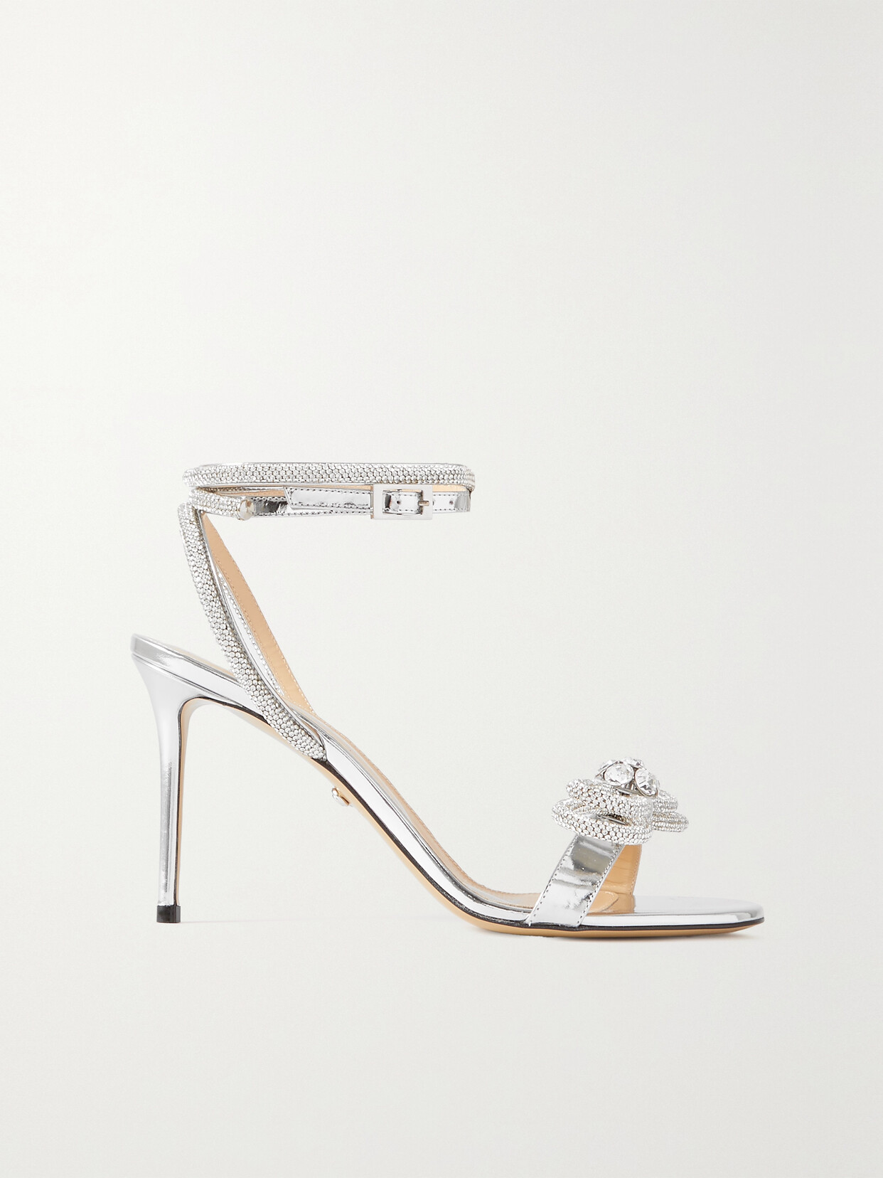 Mach & Mach Double Bow Crystal-embellished Mirrored-leather Sandals In Silver