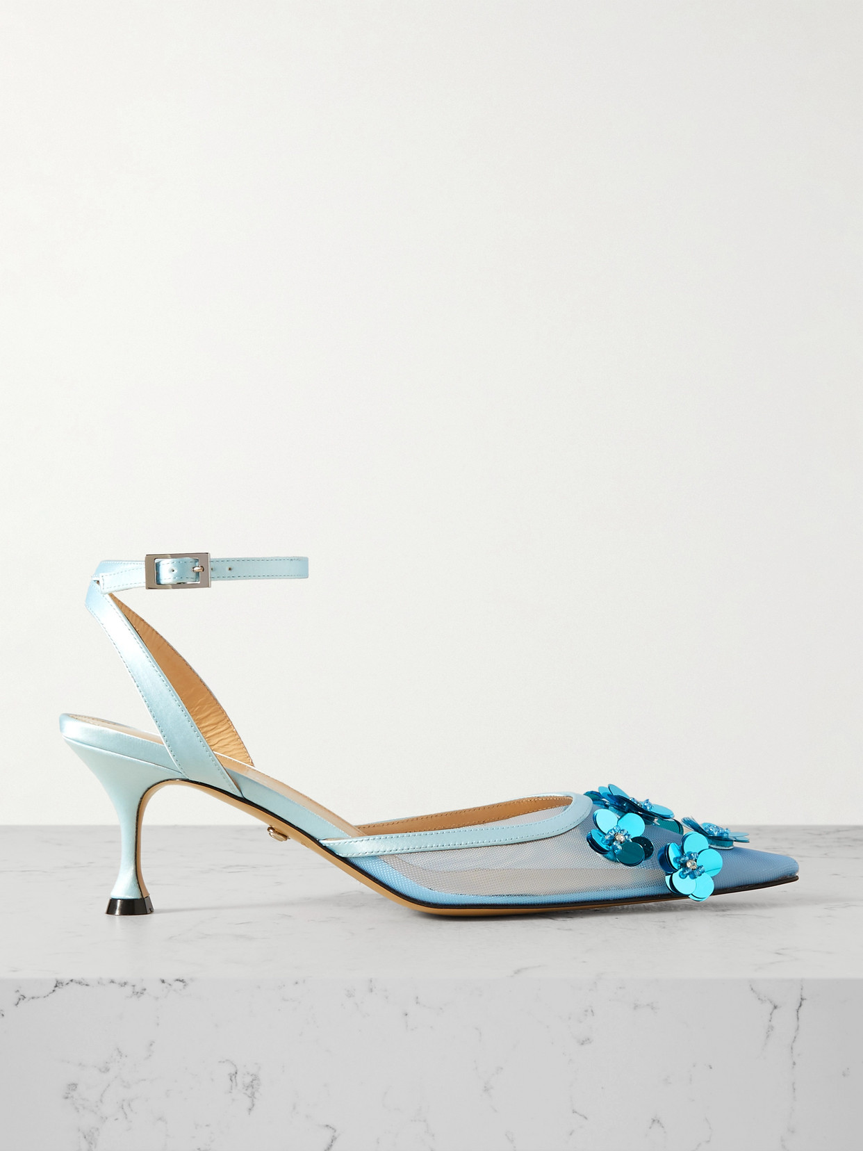 Mach & Mach Satin-trimmed Embellished Mesh Pumps In Blue