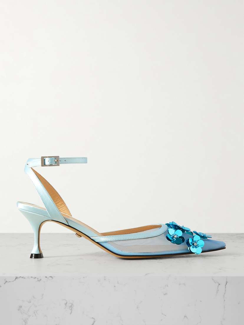 Mach & Mach Satin-trimmed Embellished Mesh Pumps