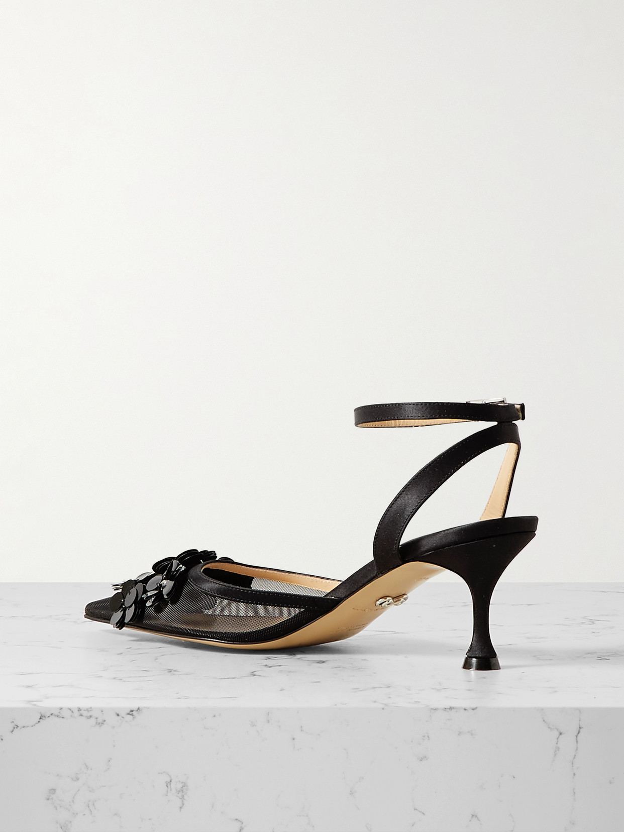 Mach&mach Satin-trimmed Embellished Mesh Pumps In Black