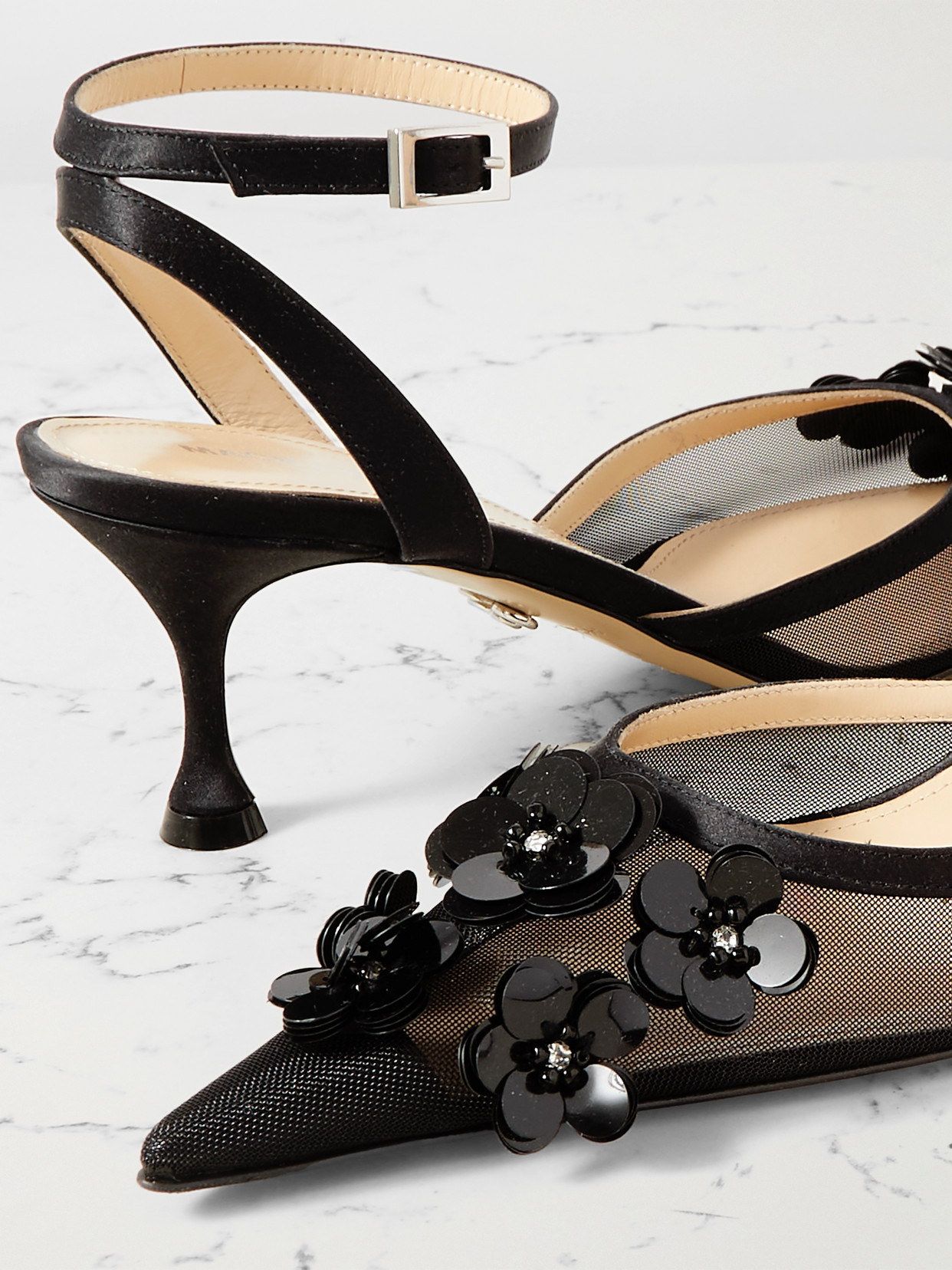 Mach&mach Satin-trimmed Embellished Mesh Pumps In Black