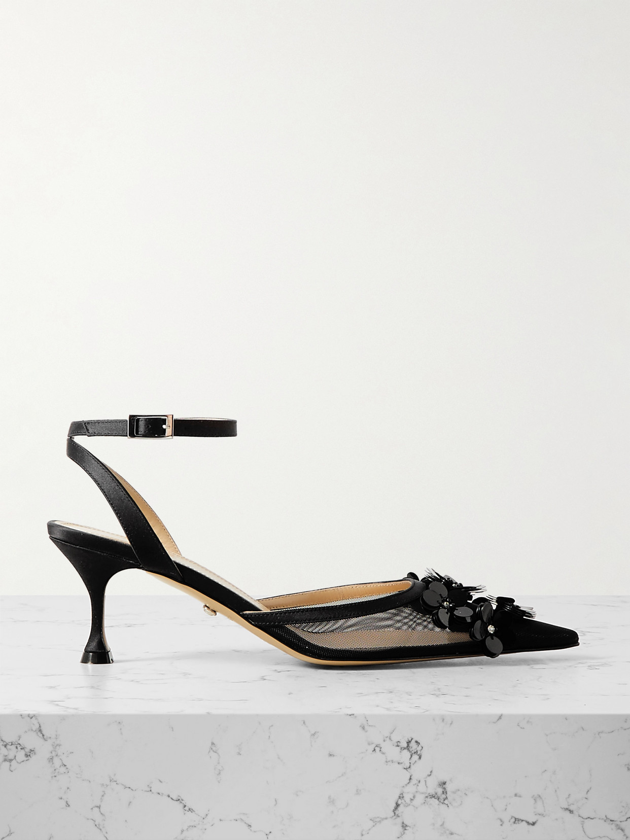 MACH & MACH - Satin-trimmed Embellished Mesh Pumps - Black