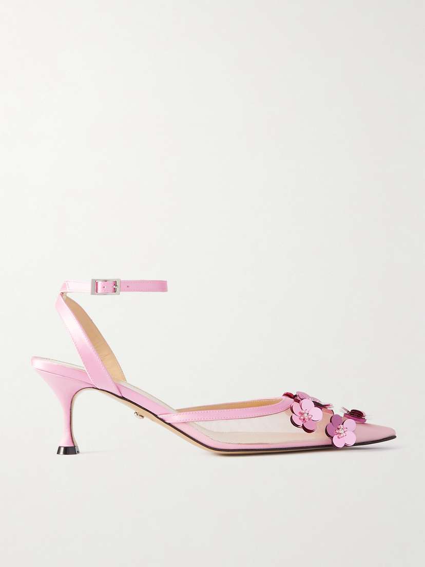 Mach & Mach Embellished Satin-trimmed Mesh Pumps