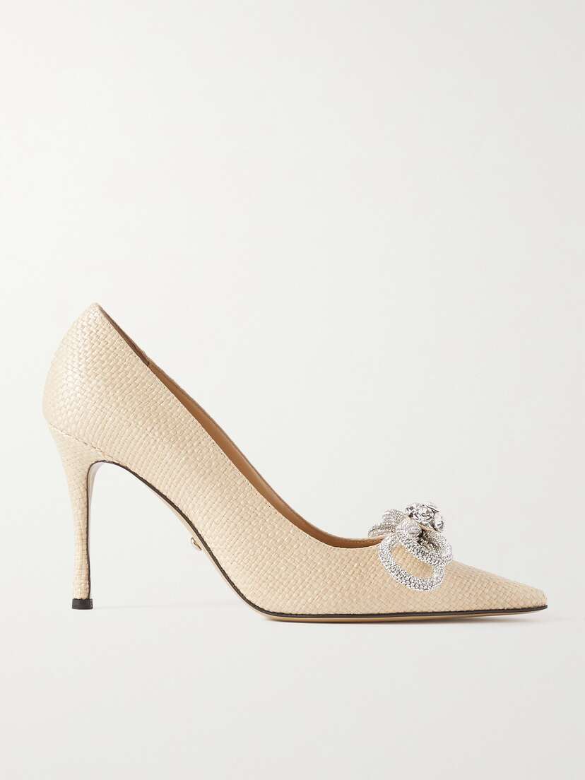 Mach & Mach Double Bow Crystal-embellished Raffia Pumps