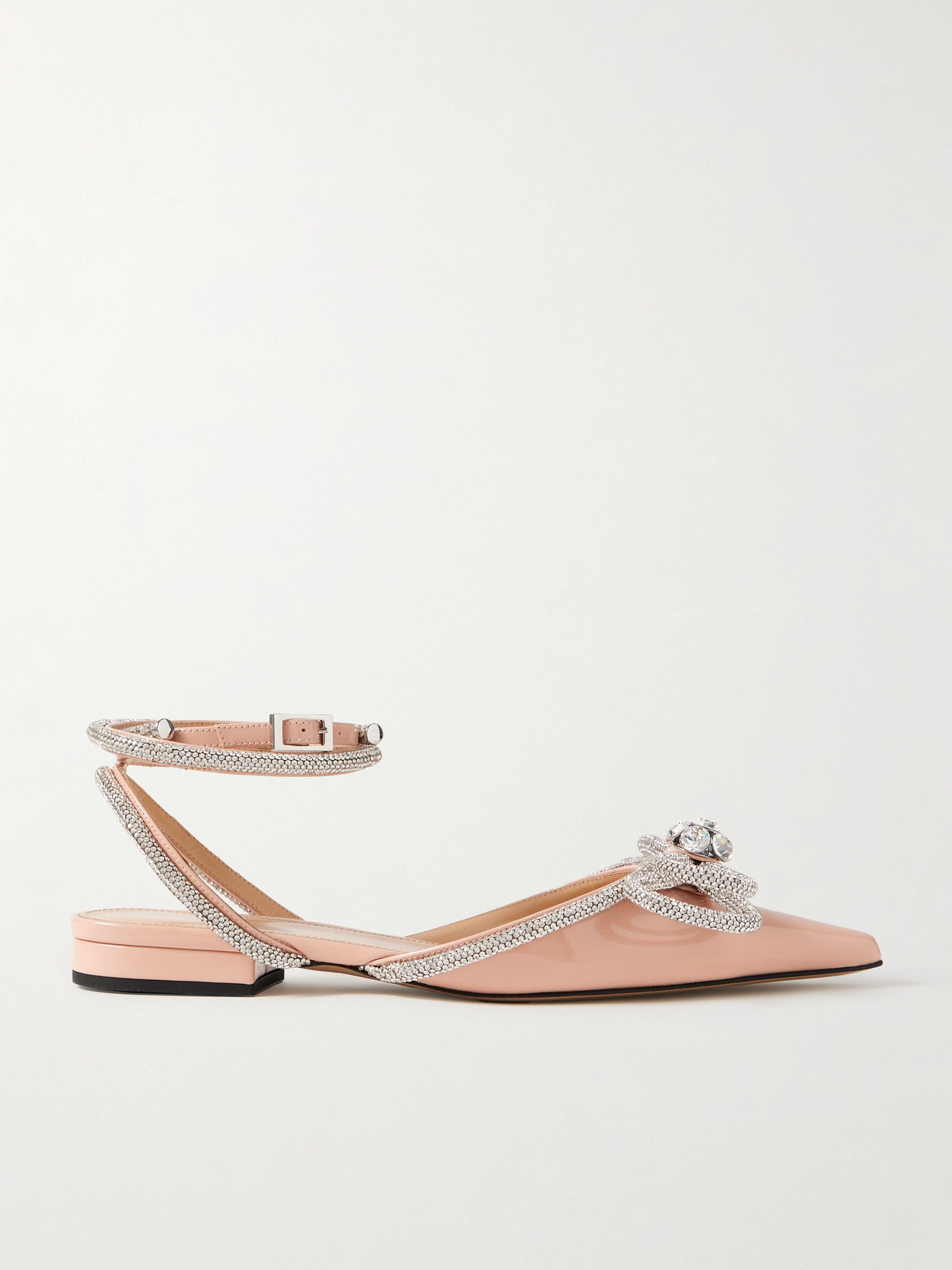 Mach & Mach Double Bow Crystal-embellished Patent-leather Point-toe Flats In Neutrals