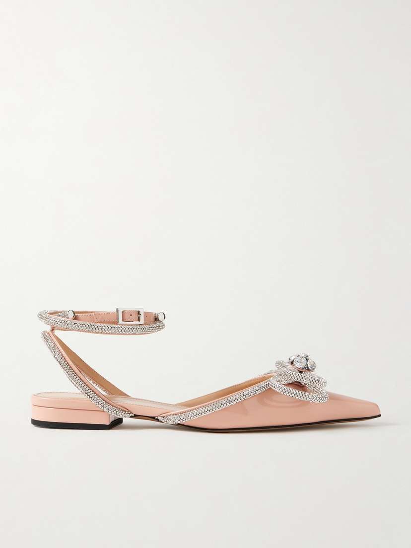Mach & Mach Double Bow Crystal-embellished Patent-leather Point-toe Flats