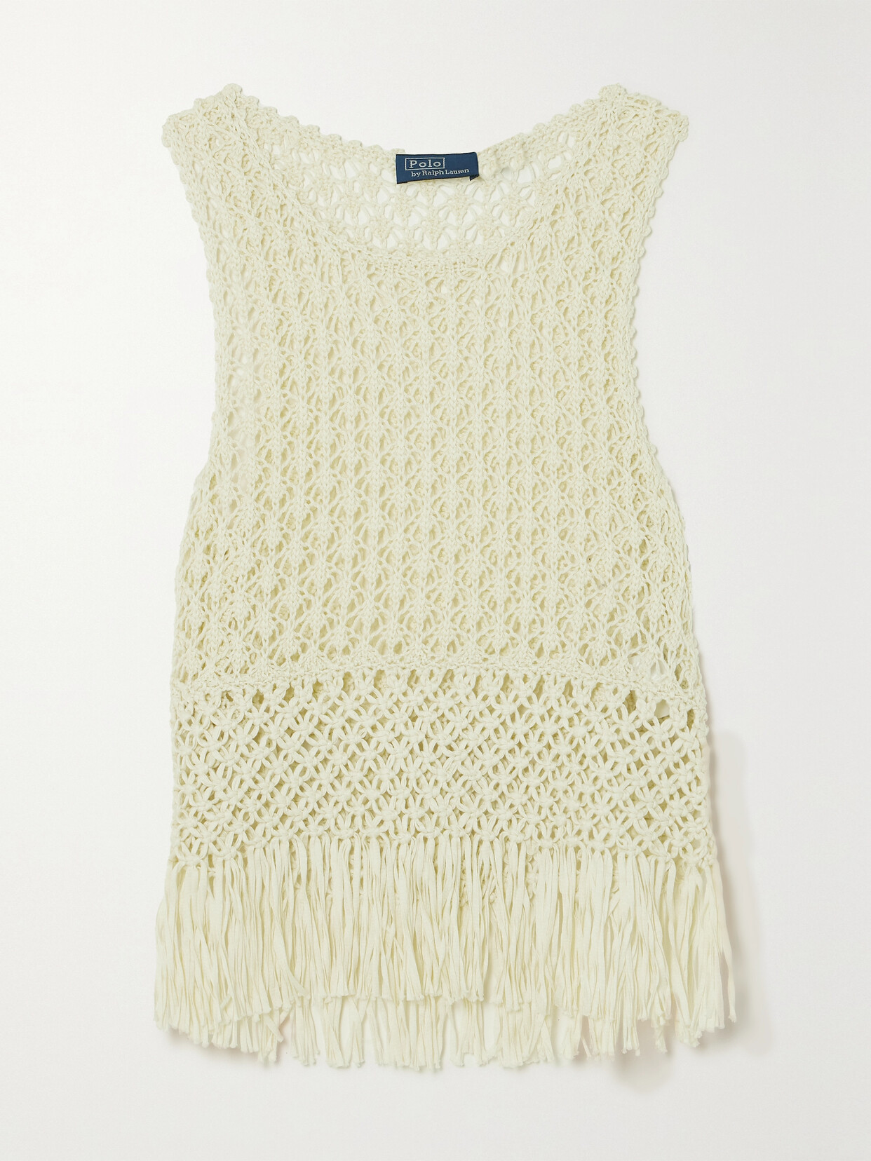 Polo Ralph Lauren Pointelle-knit Macrame-fringe Cotton Top In Off-white