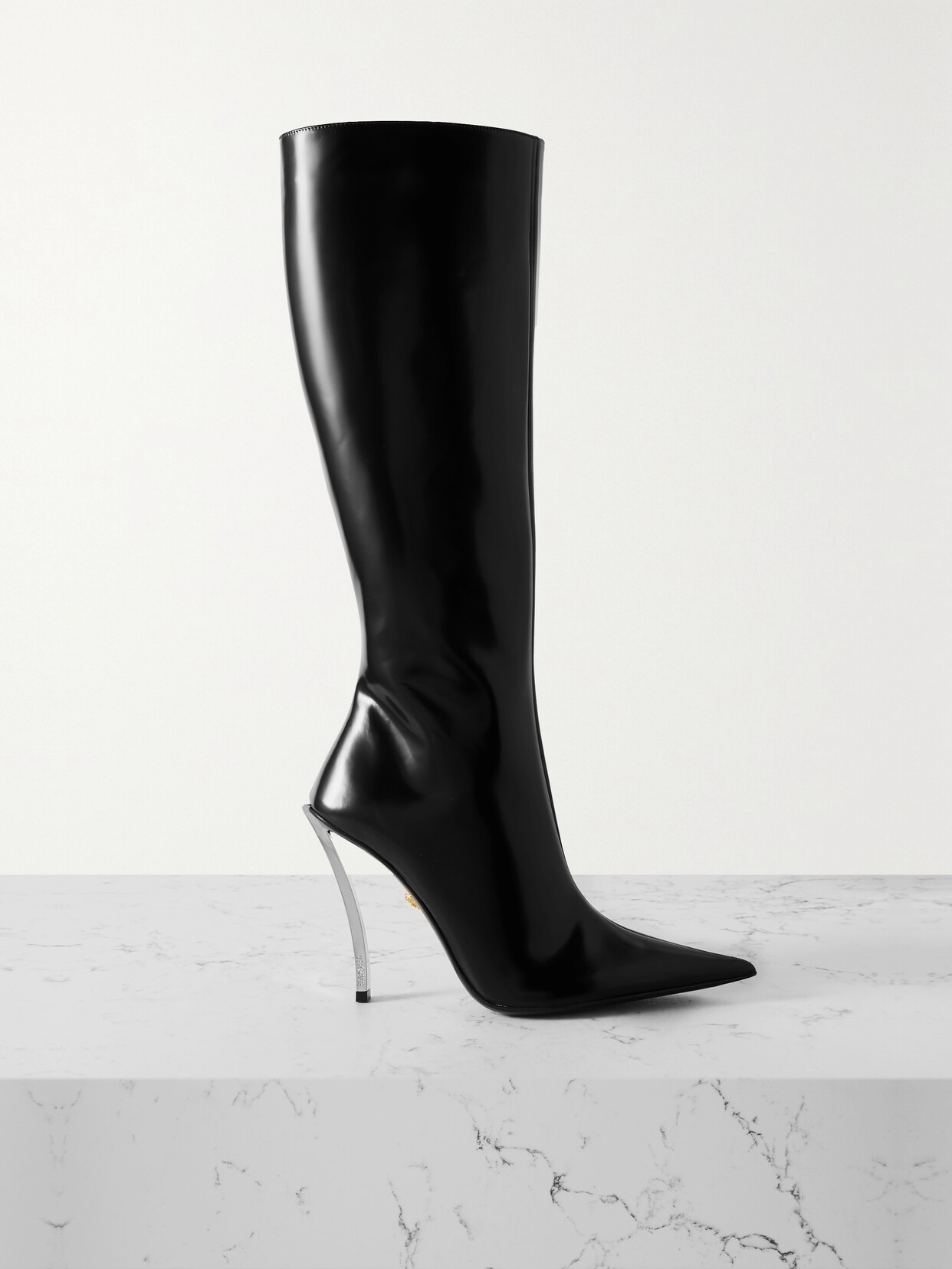 VERSACE GLOSSED-LEATHER KNEE BOOTS