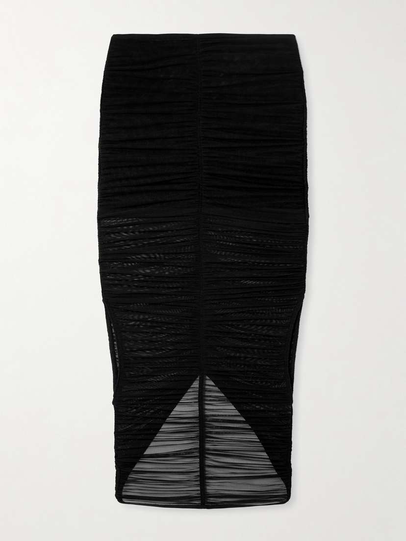 Mugler Cutout Ruched Stretch-tulle Midi Skirt