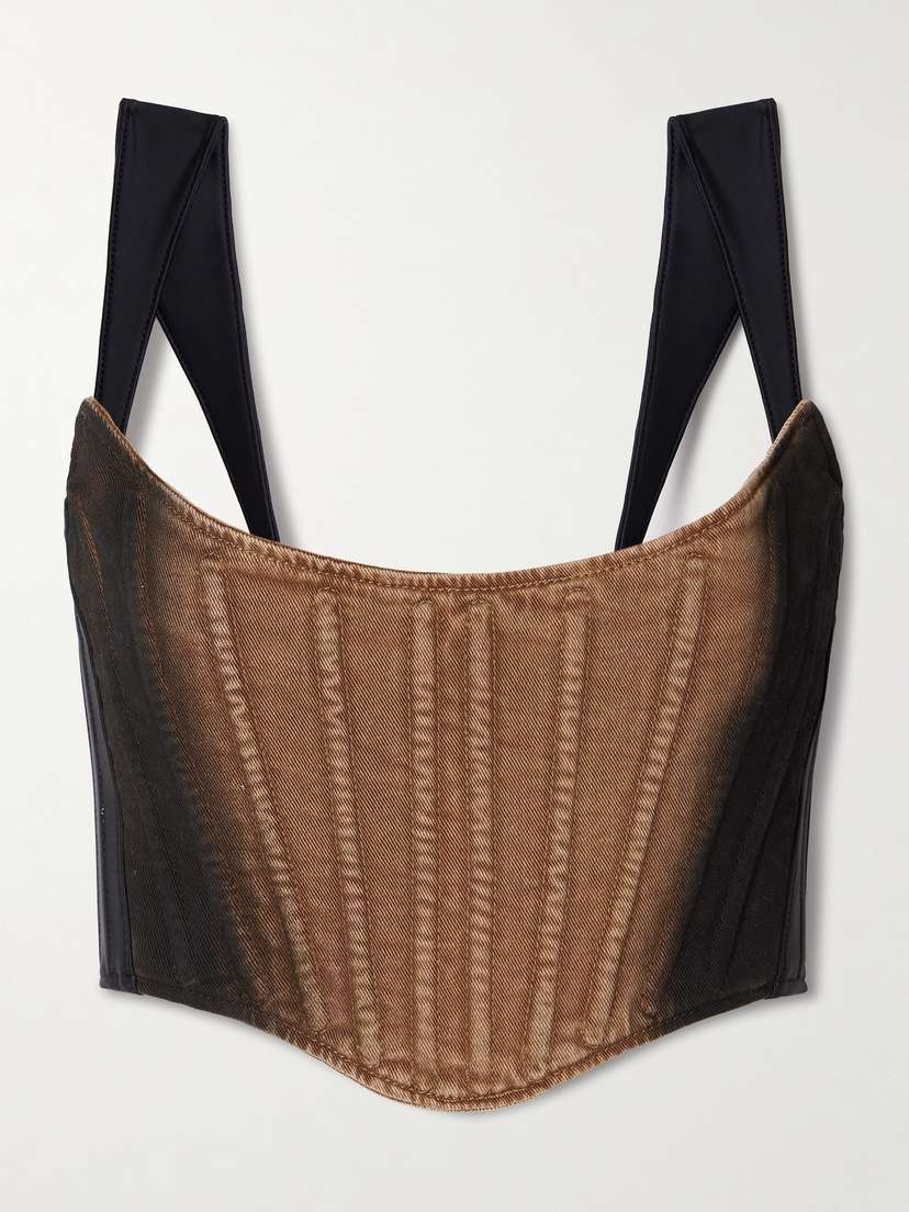 Mugler Cropped Stretch Jersey-trimmed Ombré Denim Bustier Top