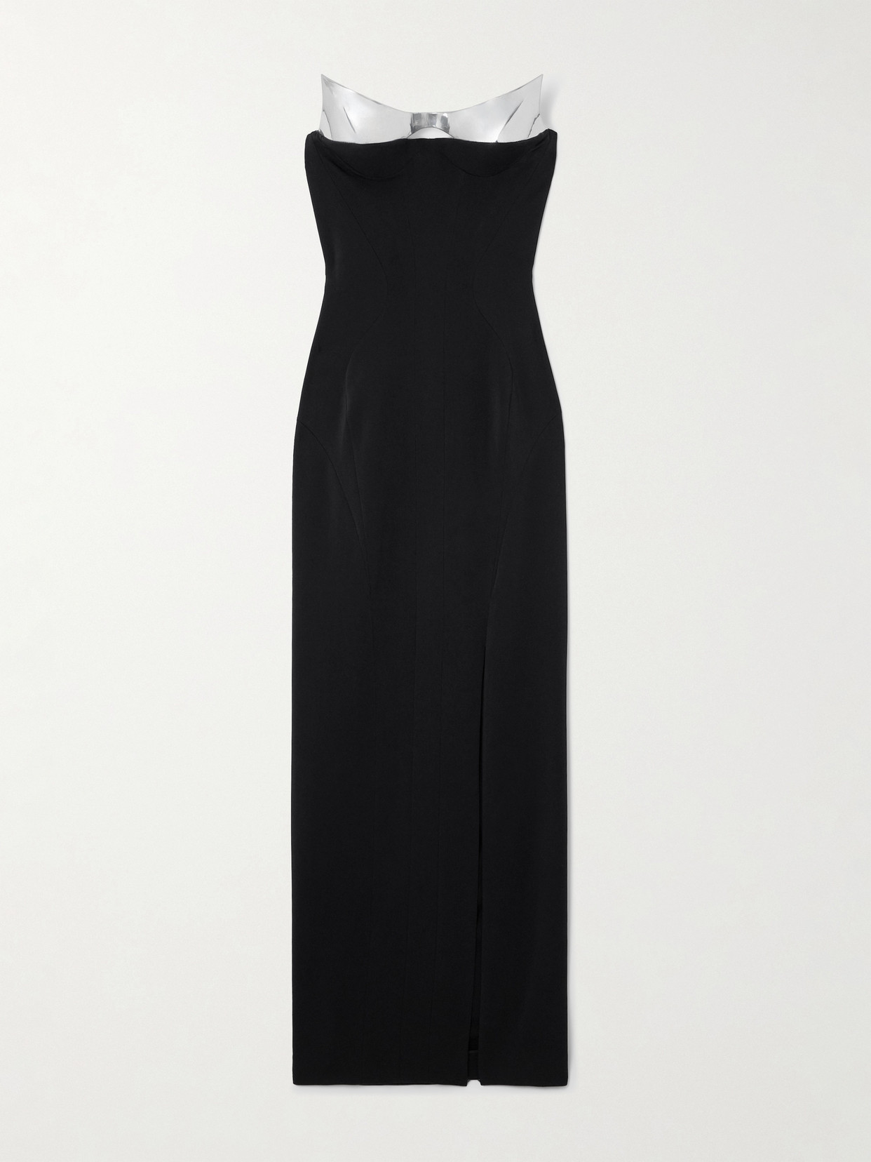 Mugler Metallic Vinyl-trimmed Strapless Stretch-crepe Maxi Dress In Black