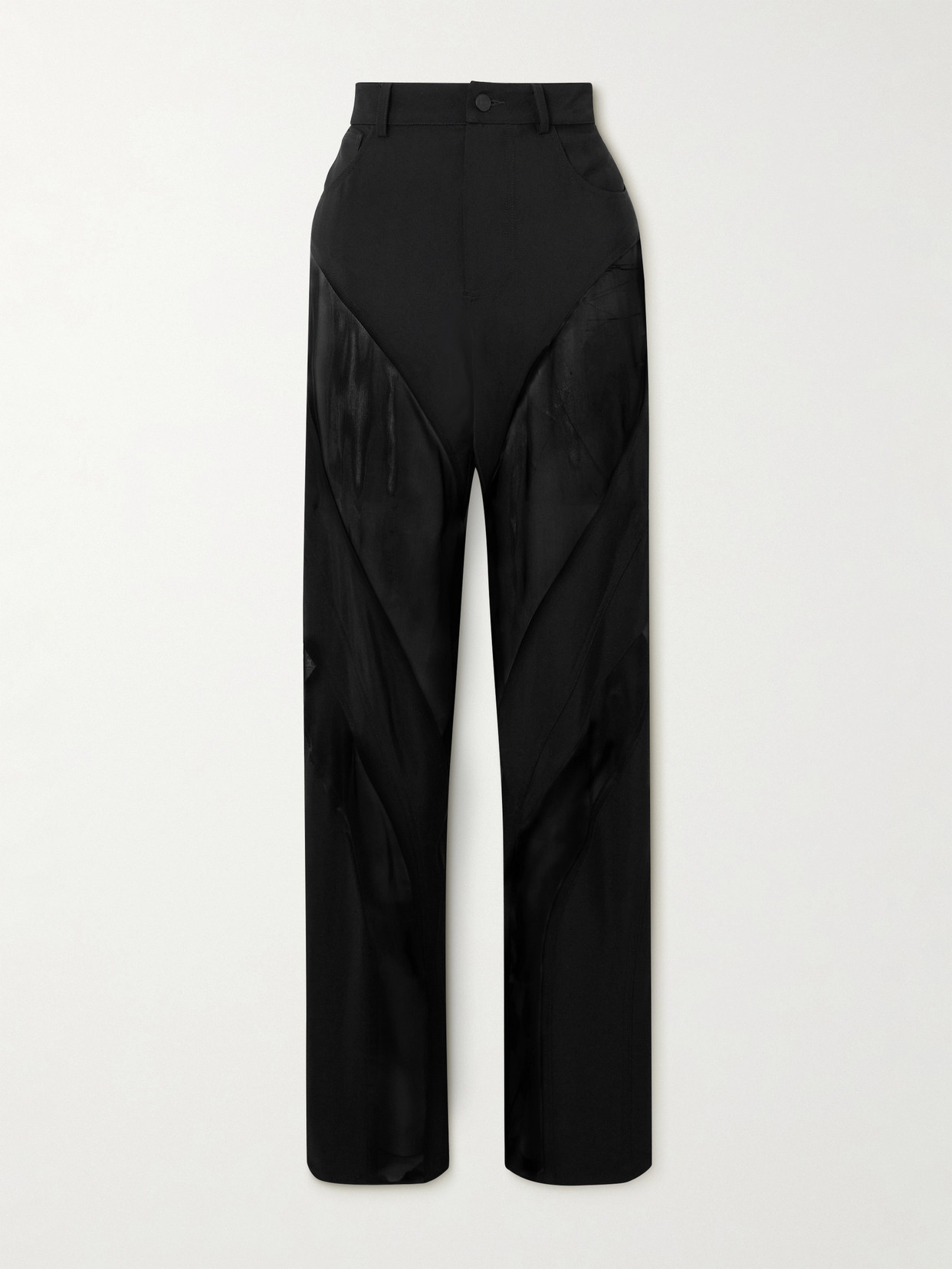 Mugler Paneled Silk Tulle-trimmed Twill Straight-leg Pants In Black