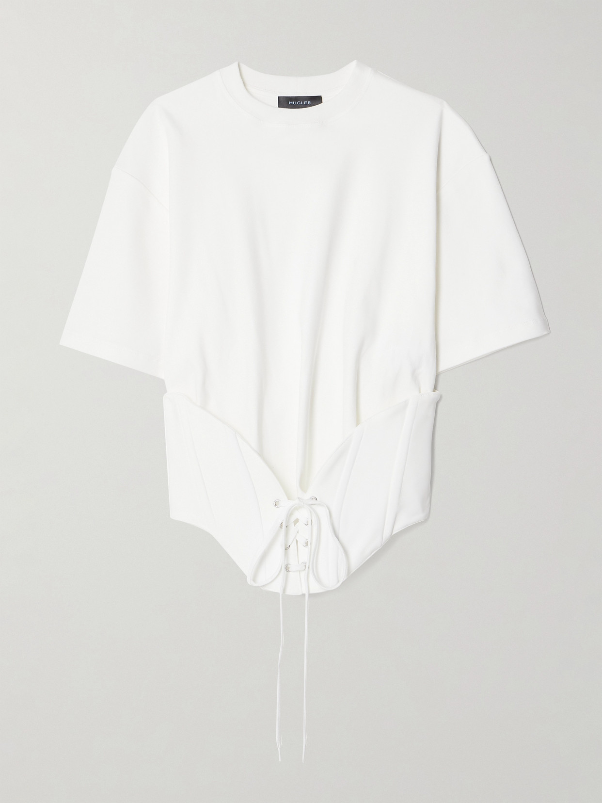 Mugler Lace-up Stretch-crepe And Cotton-jersey T-shirt In White