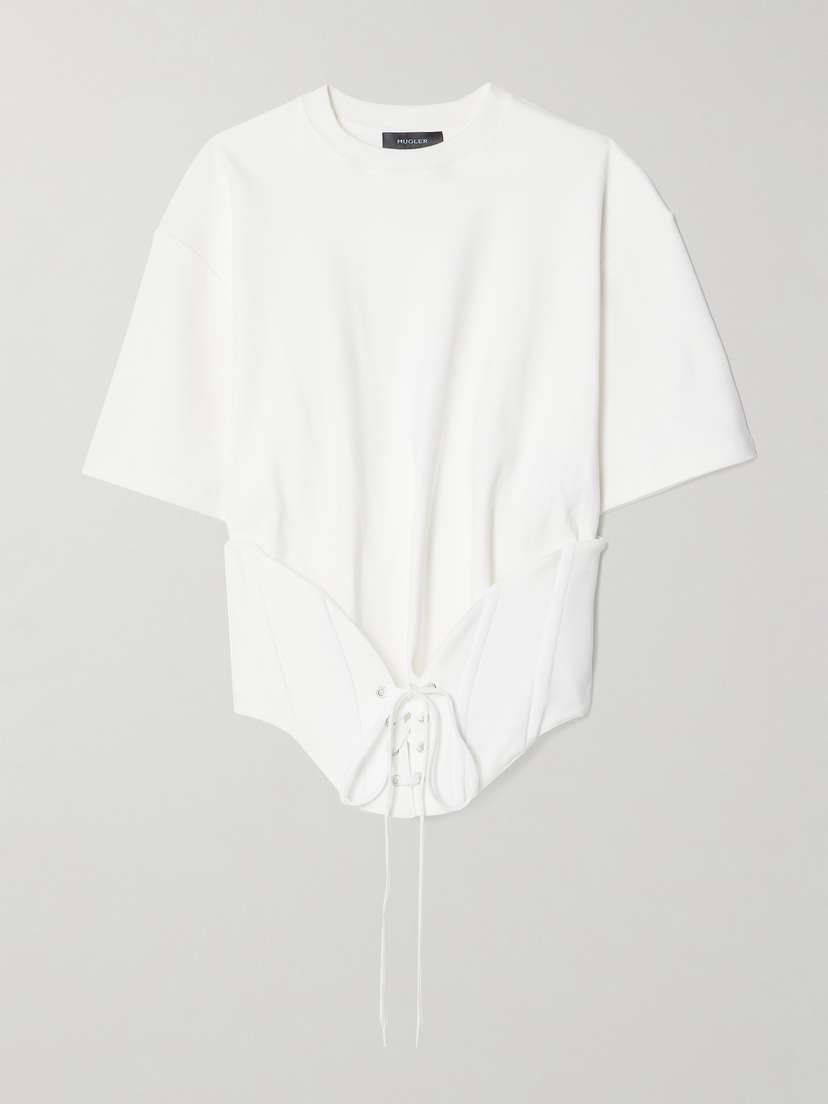 Mugler Lace-up Stretch-crepe And Cotton-jersey T-shirt