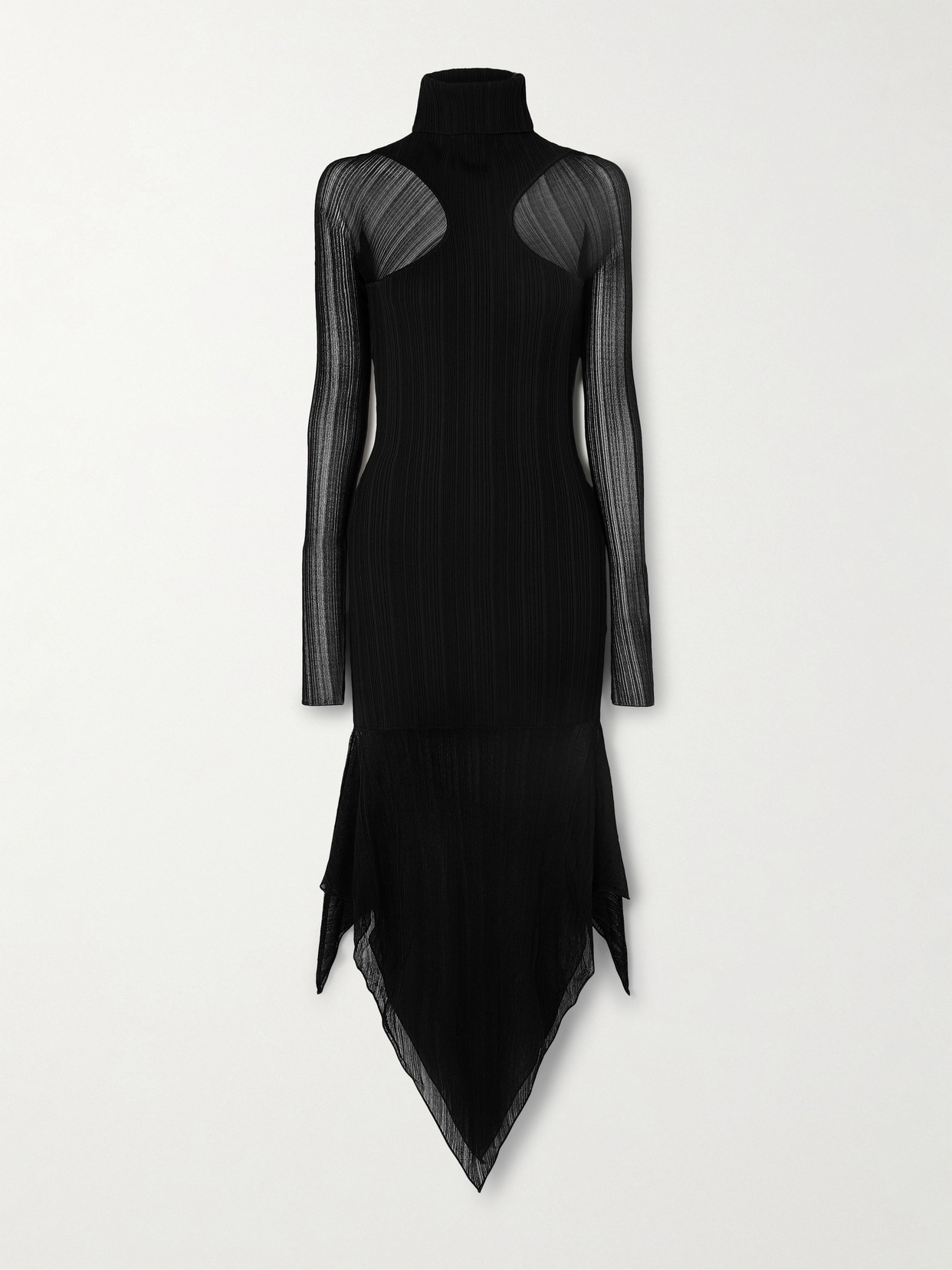 Mugler - Asymmetric Layered Ribbed-knit Turtleneck Dress - Black