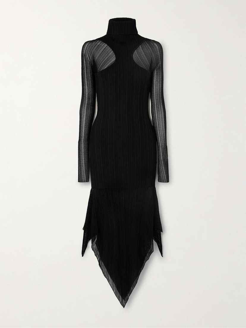 Mugler Asymmetric Layered Ribbed-knit Turtleneck Dress - x large