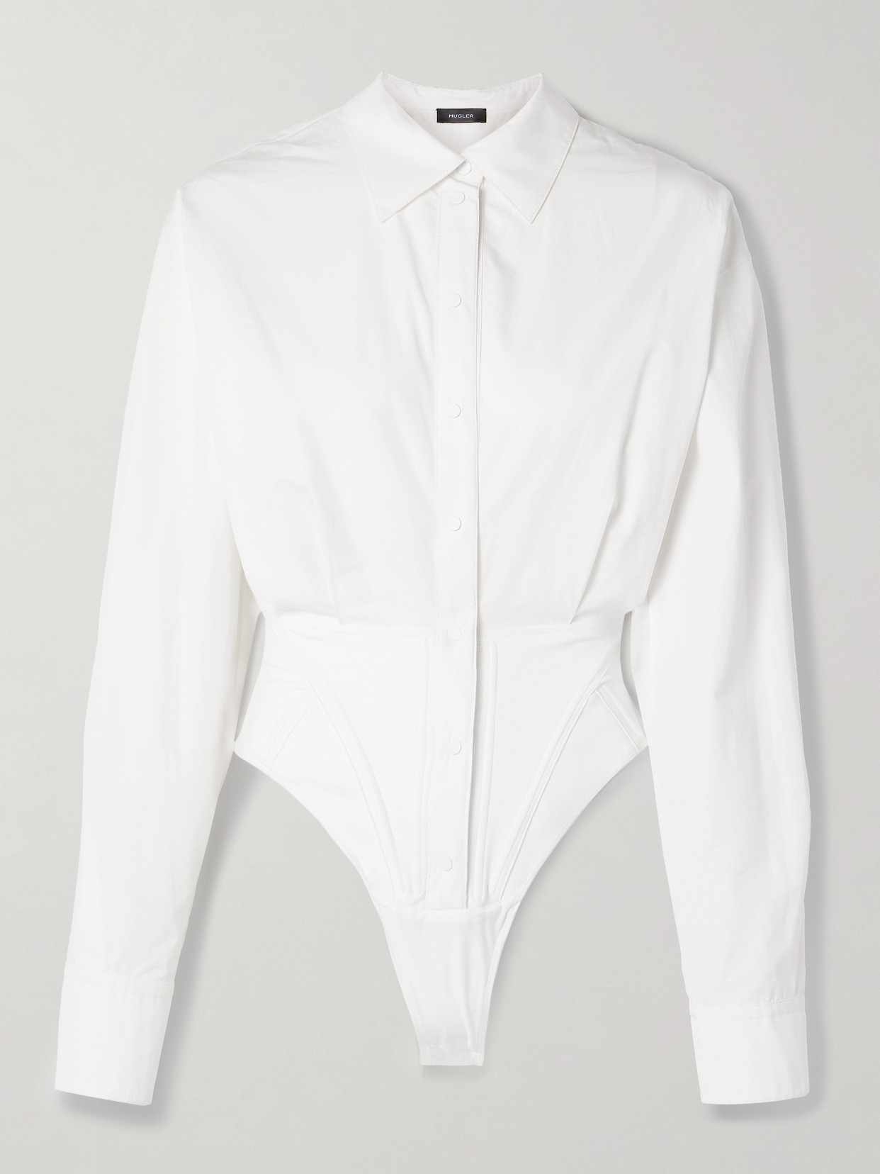 Mugler Jersey-trimmed Cotton-poplin Thong Bodysuit In White