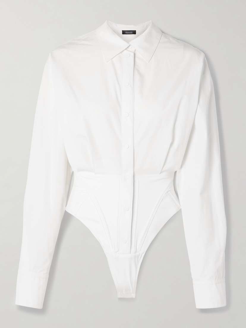 Mugler Jersey-trimmed Cotton-poplin Thong Bodysuit