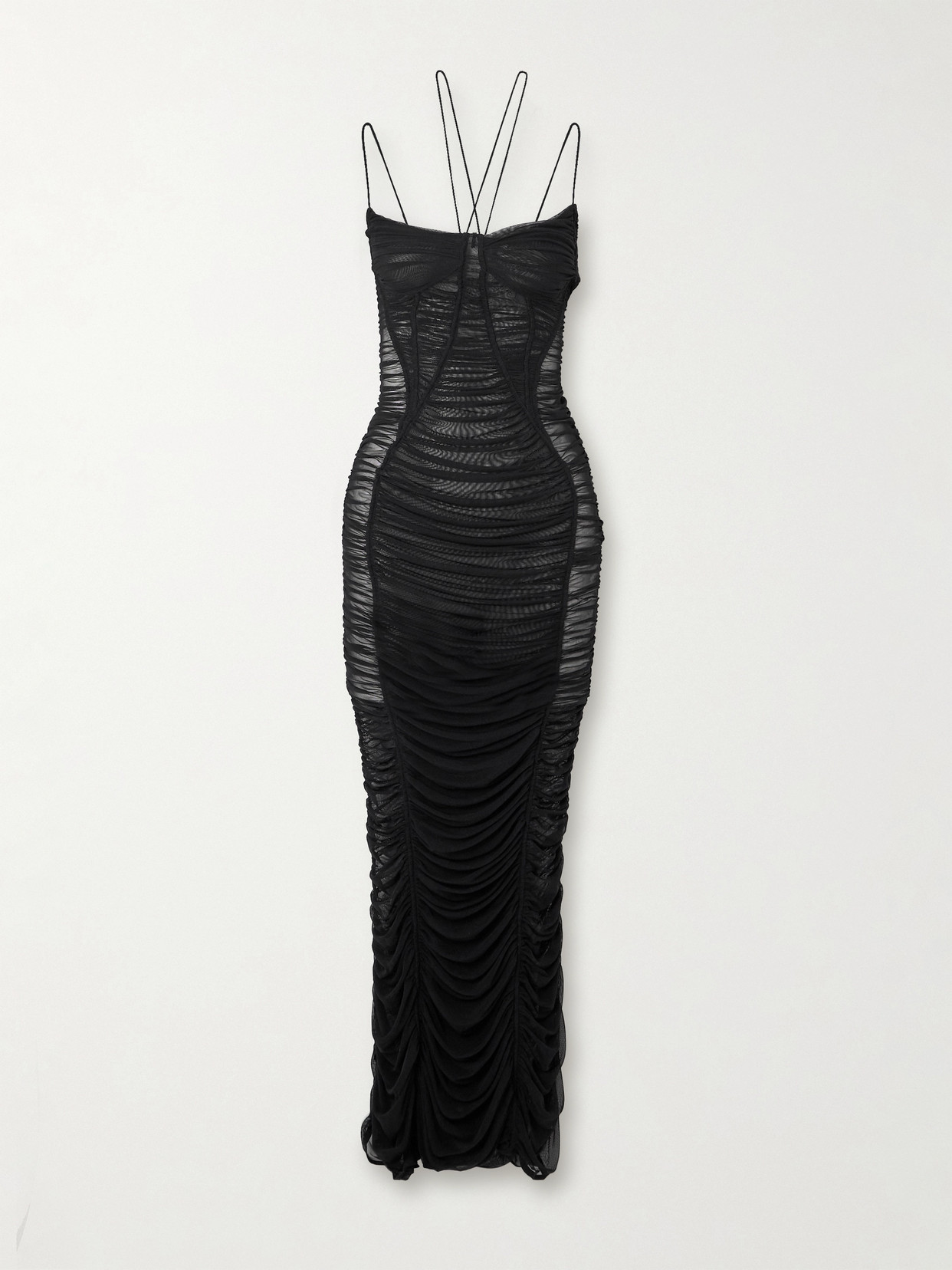 Shop Mugler Ruched Stretch-mesh Maxi Dress In Black